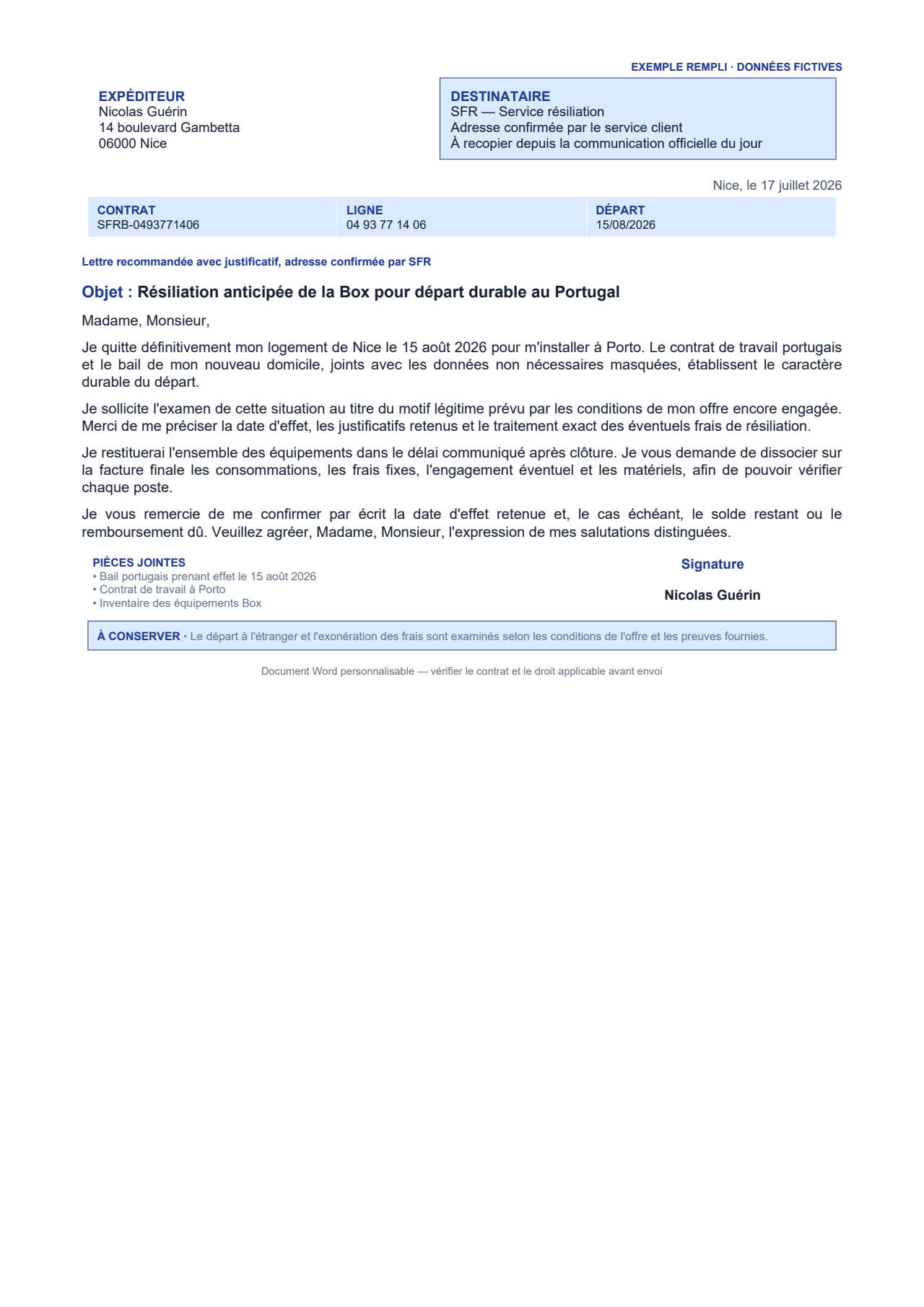 Aperçu — Résiliation SFR pour départ durable à l'étranger