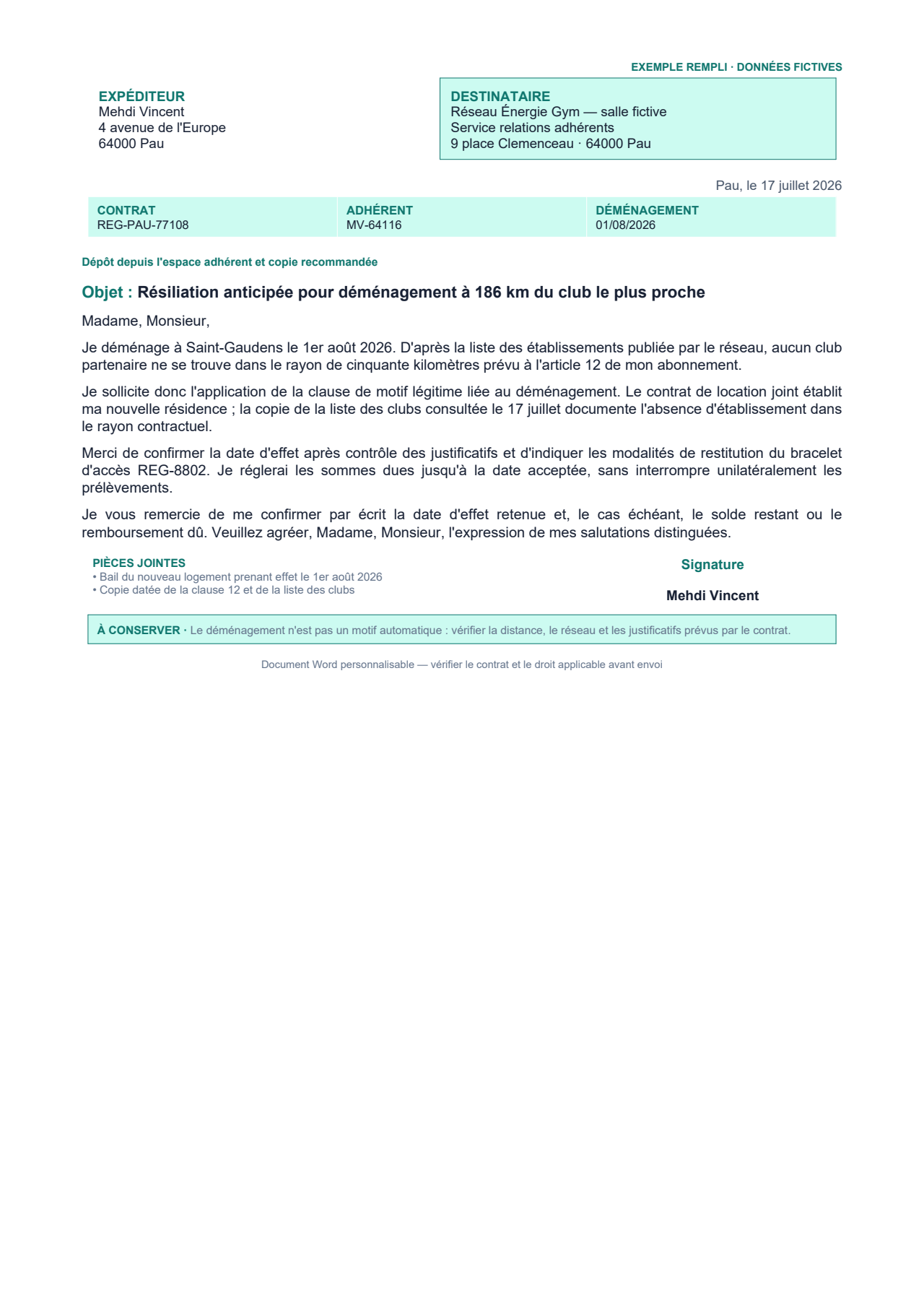 Aperçu — Demande de résiliation après déménagement