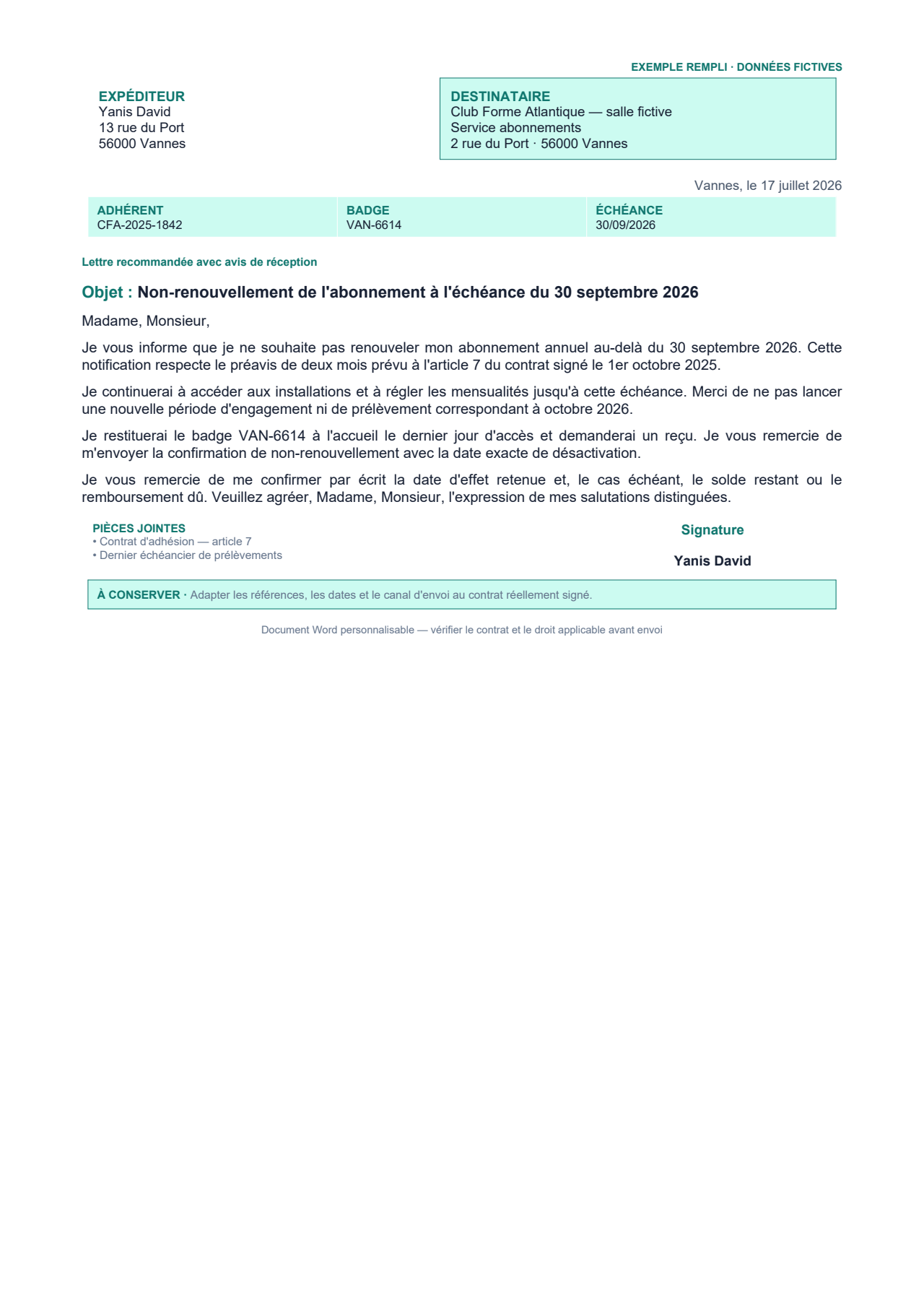 Aperçu — Résiliation de salle de sport à la fin de l'engagement