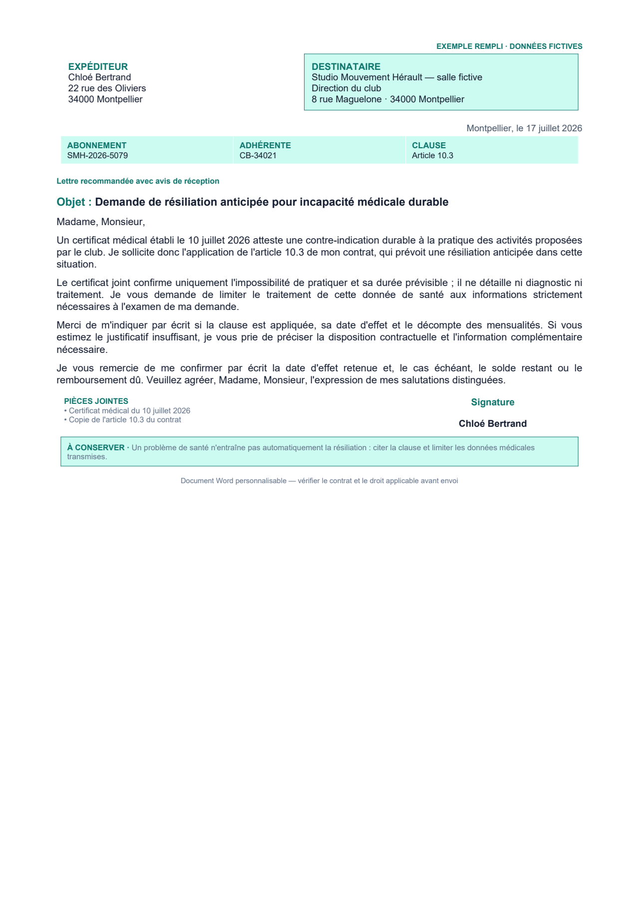 Aperçu — Demande de résiliation pour incapacité médicale durable