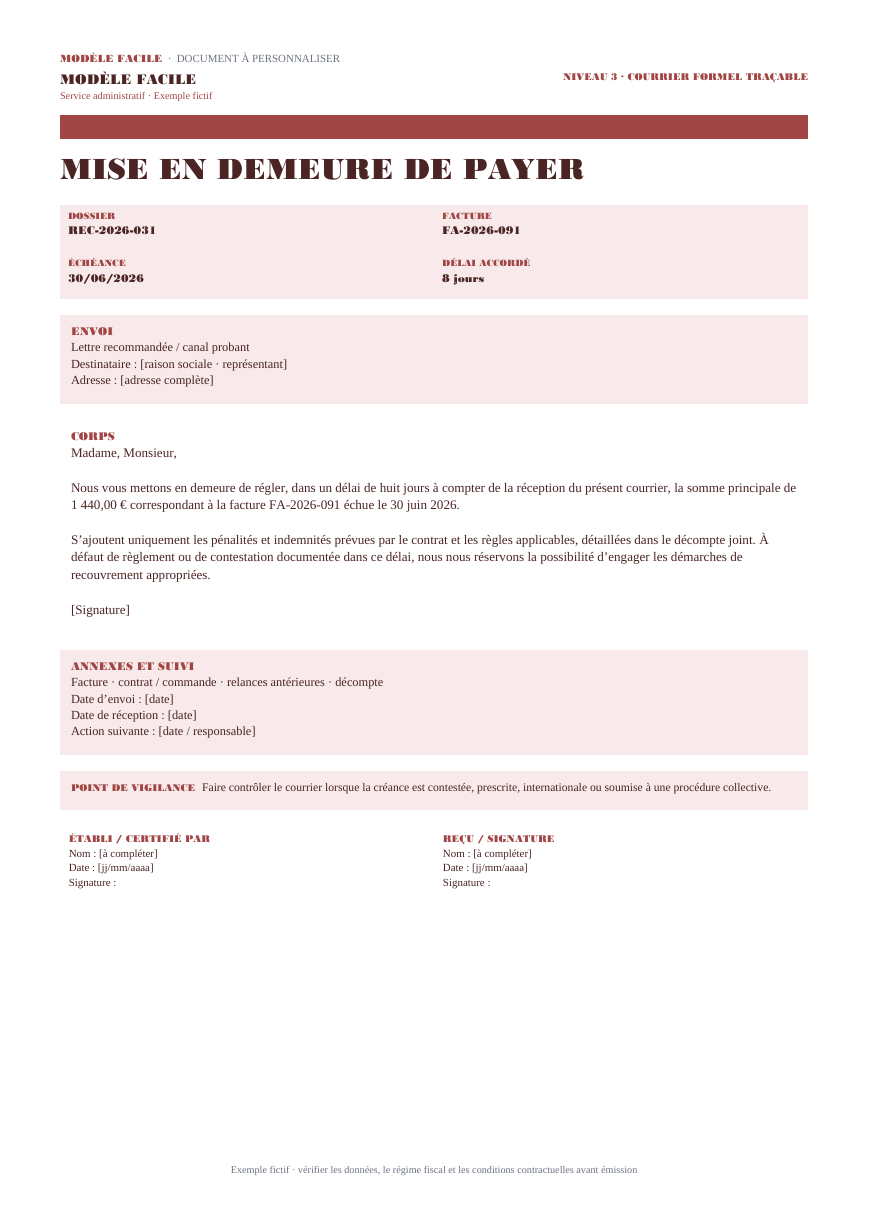 Aperçu — Mise en demeure Word + suivi Excel