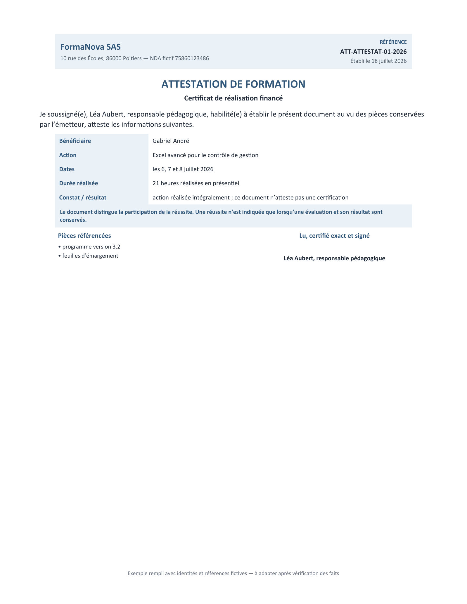 Aperçu — Certificat de réalisation financé