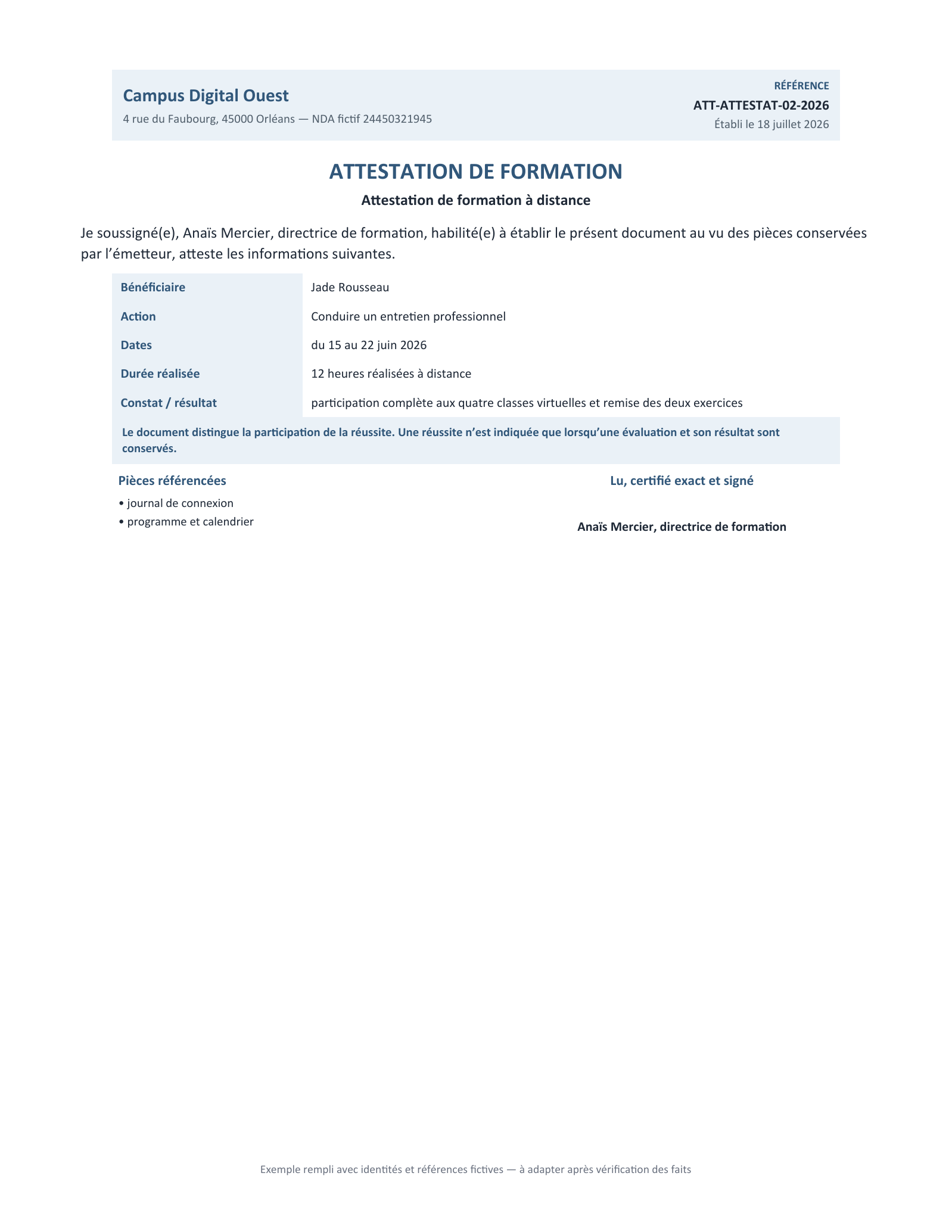 Aperçu — Attestation de formation à distance