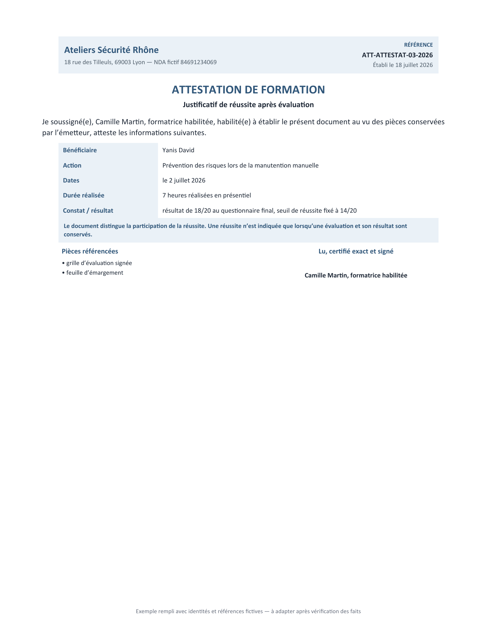 Aperçu — Justificatif de réussite après évaluation