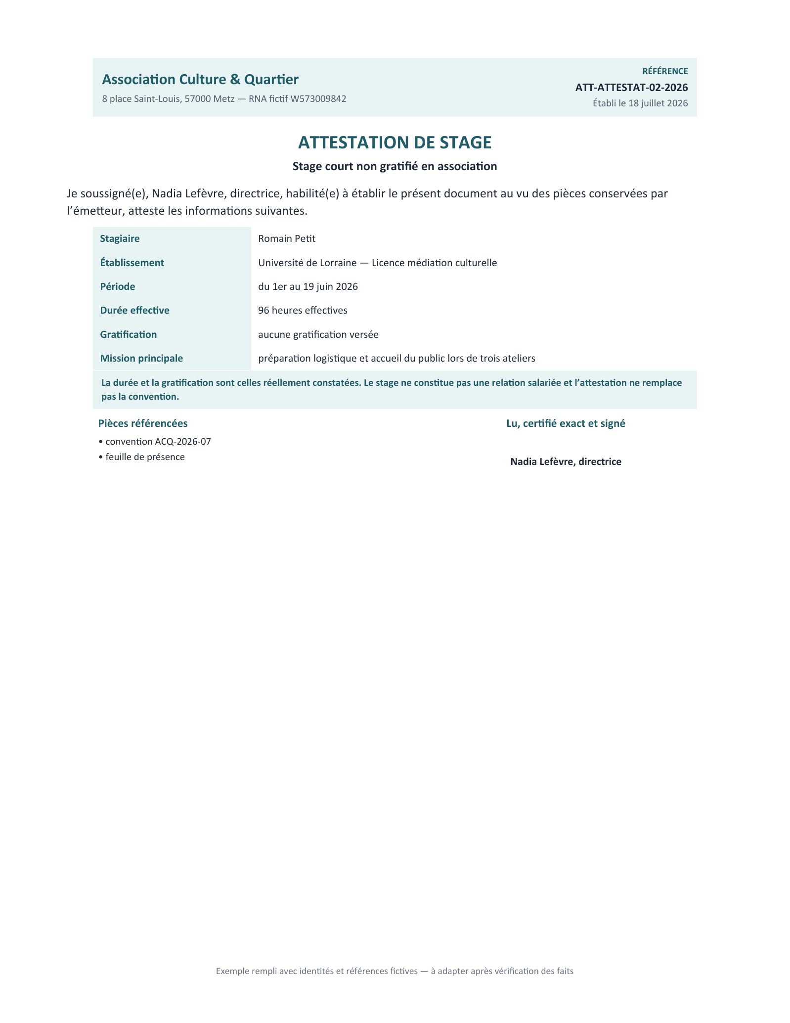 Aperçu — Stage court non gratifié en association