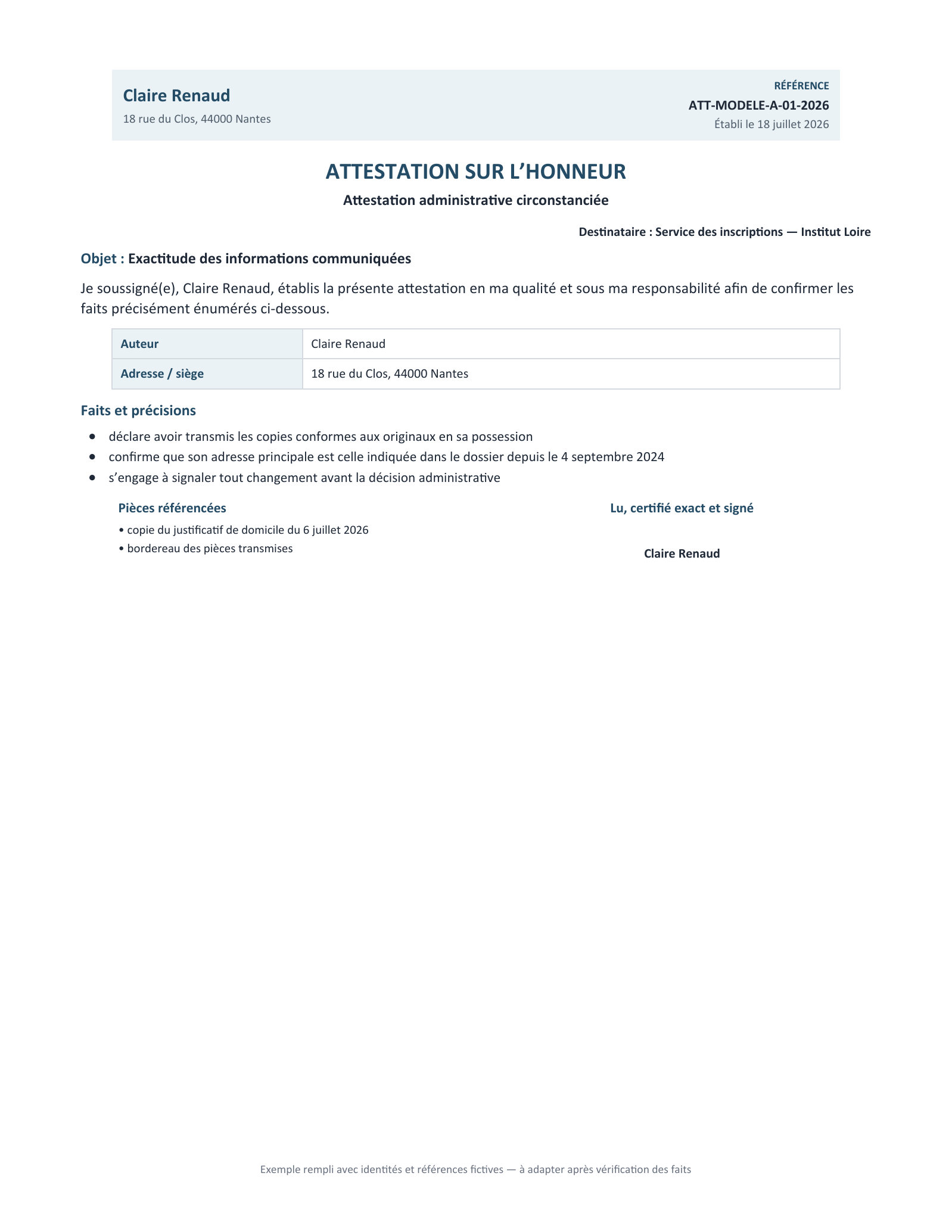 Aperçu — Attestation administrative circonstanciée
