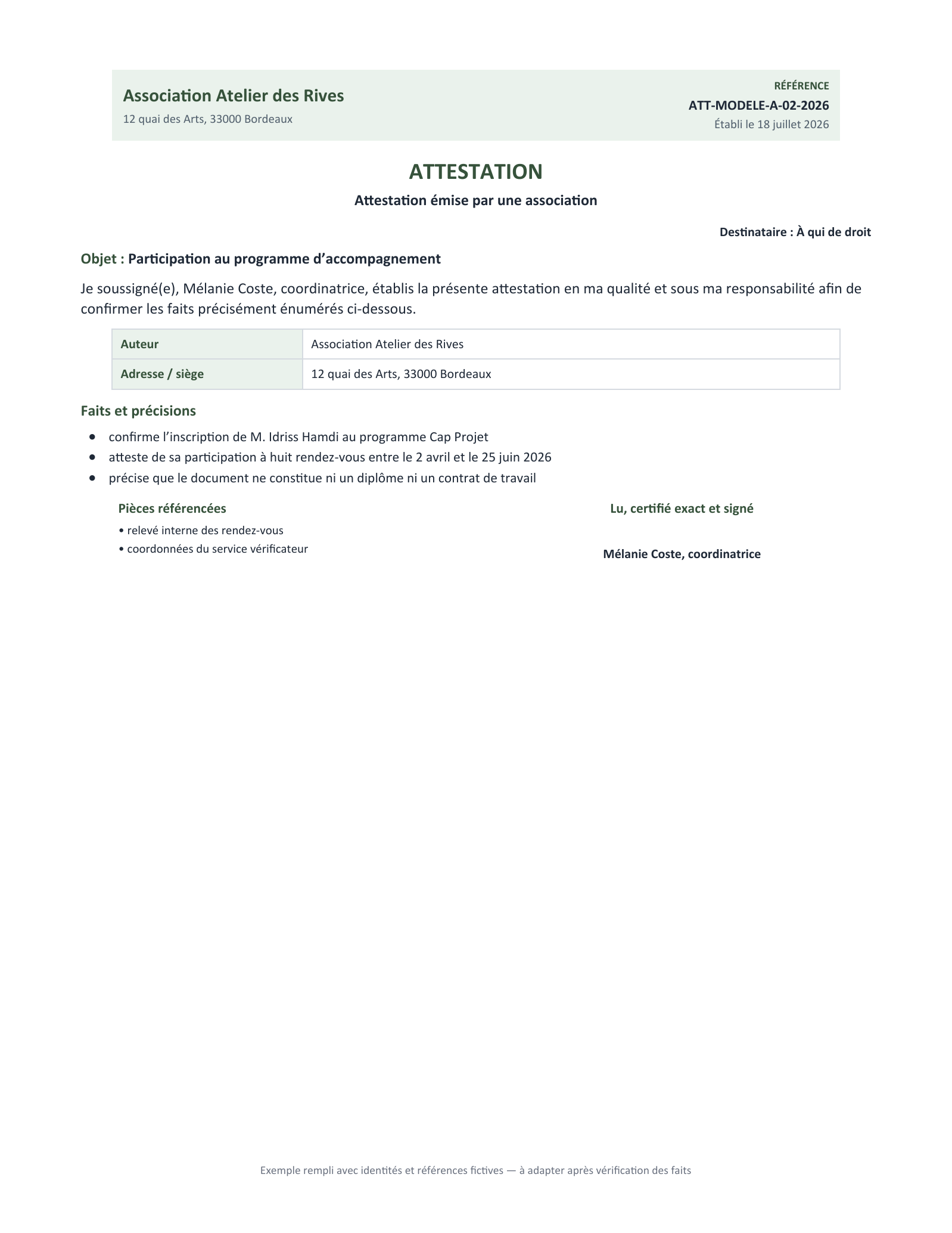 Aperçu — Attestation émise par une association