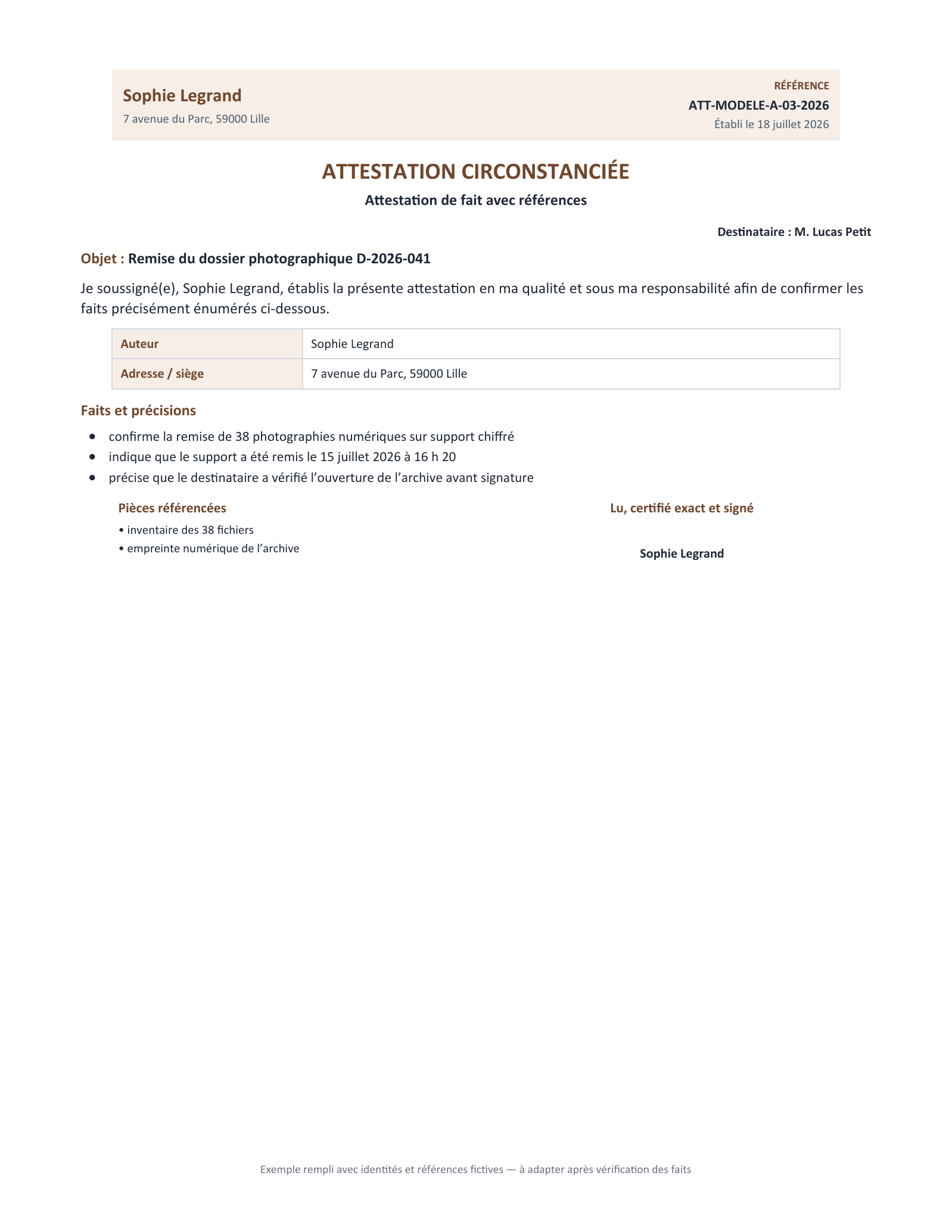 Aperçu — Attestation de fait avec références