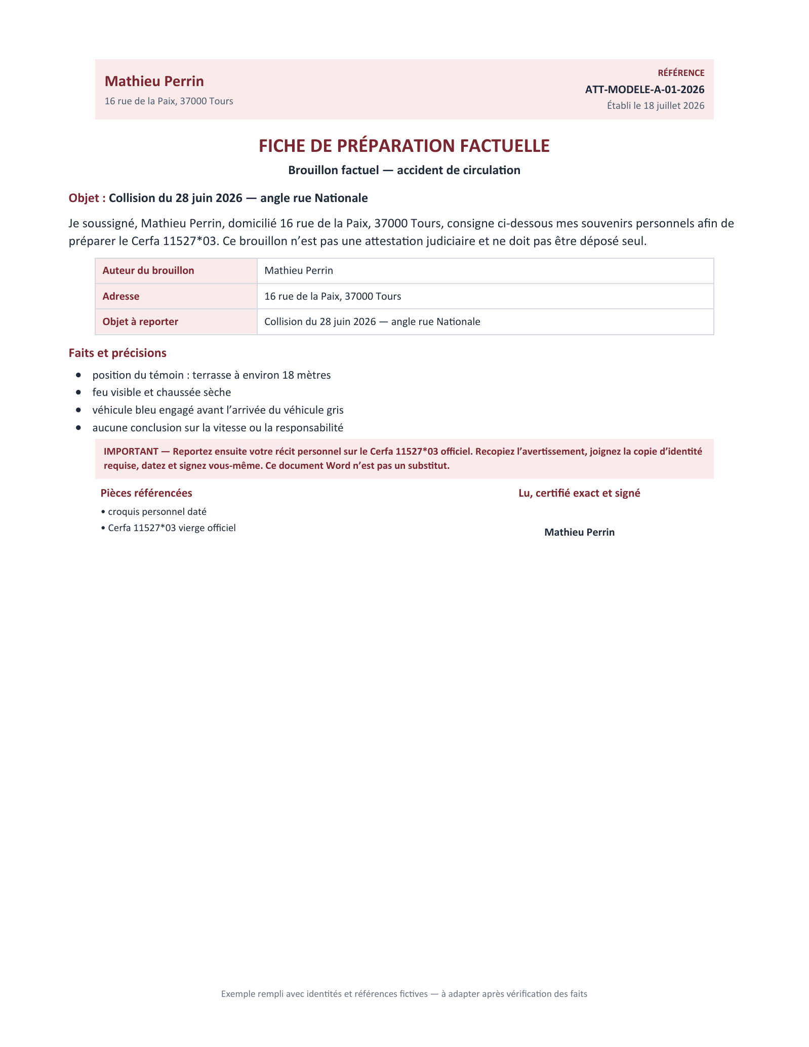 Aperçu — Brouillon factuel — accident de circulation