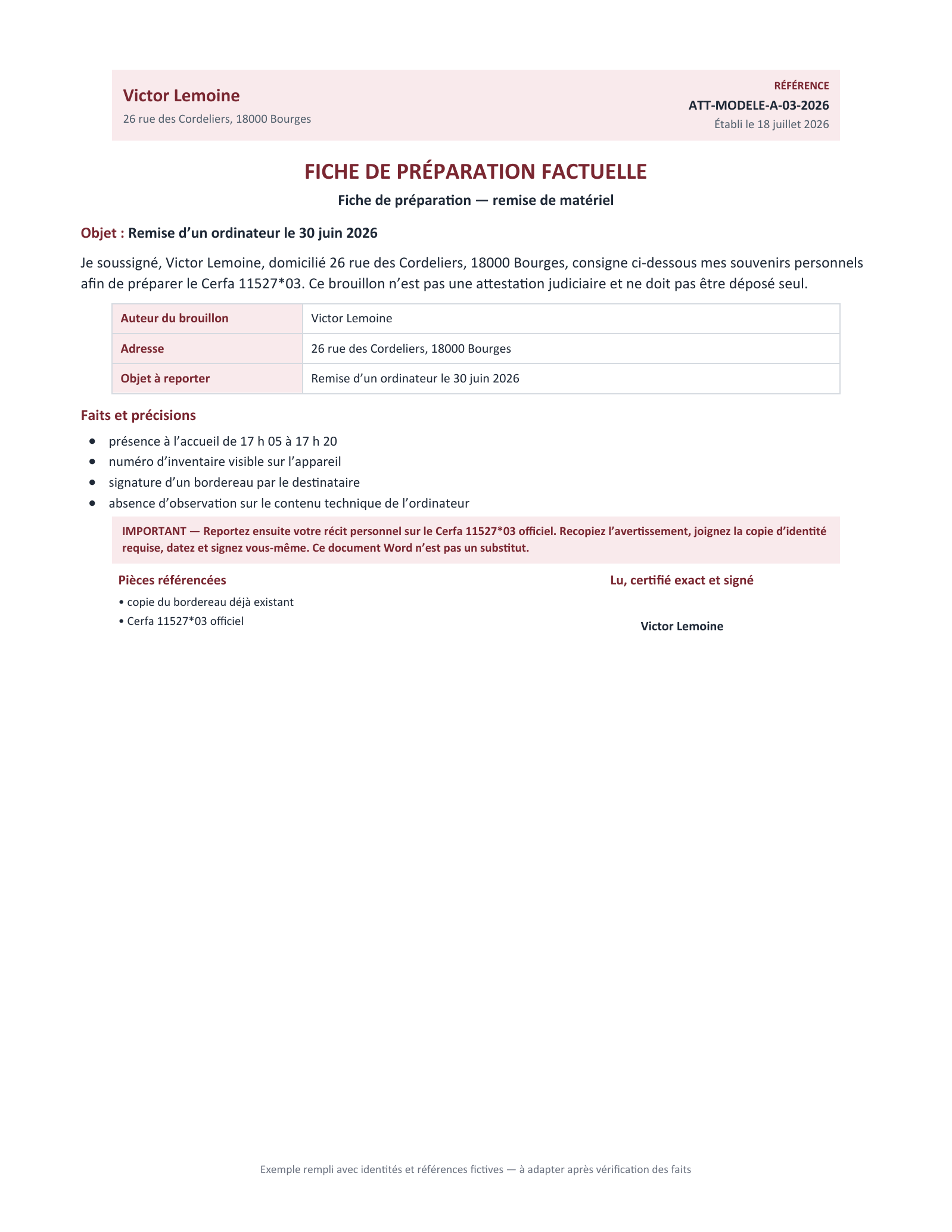 Aperçu — Fiche de préparation — remise de matériel