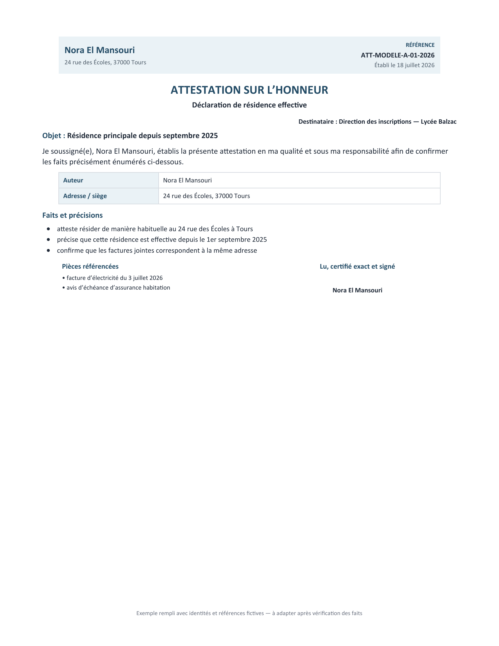 Aperçu — Déclaration de résidence effective