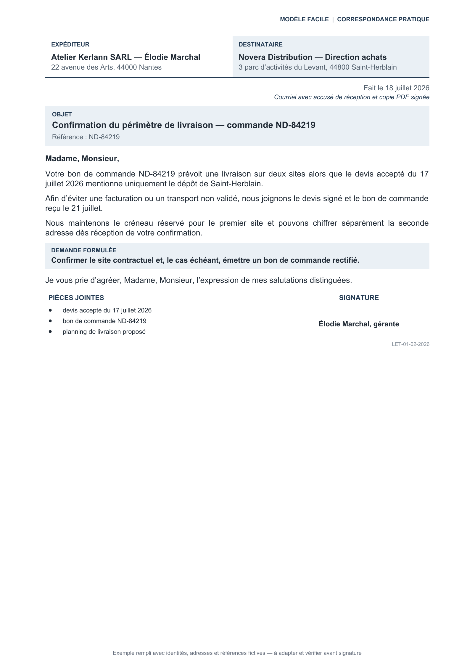 Aperçu — Courrier professionnel de clarification