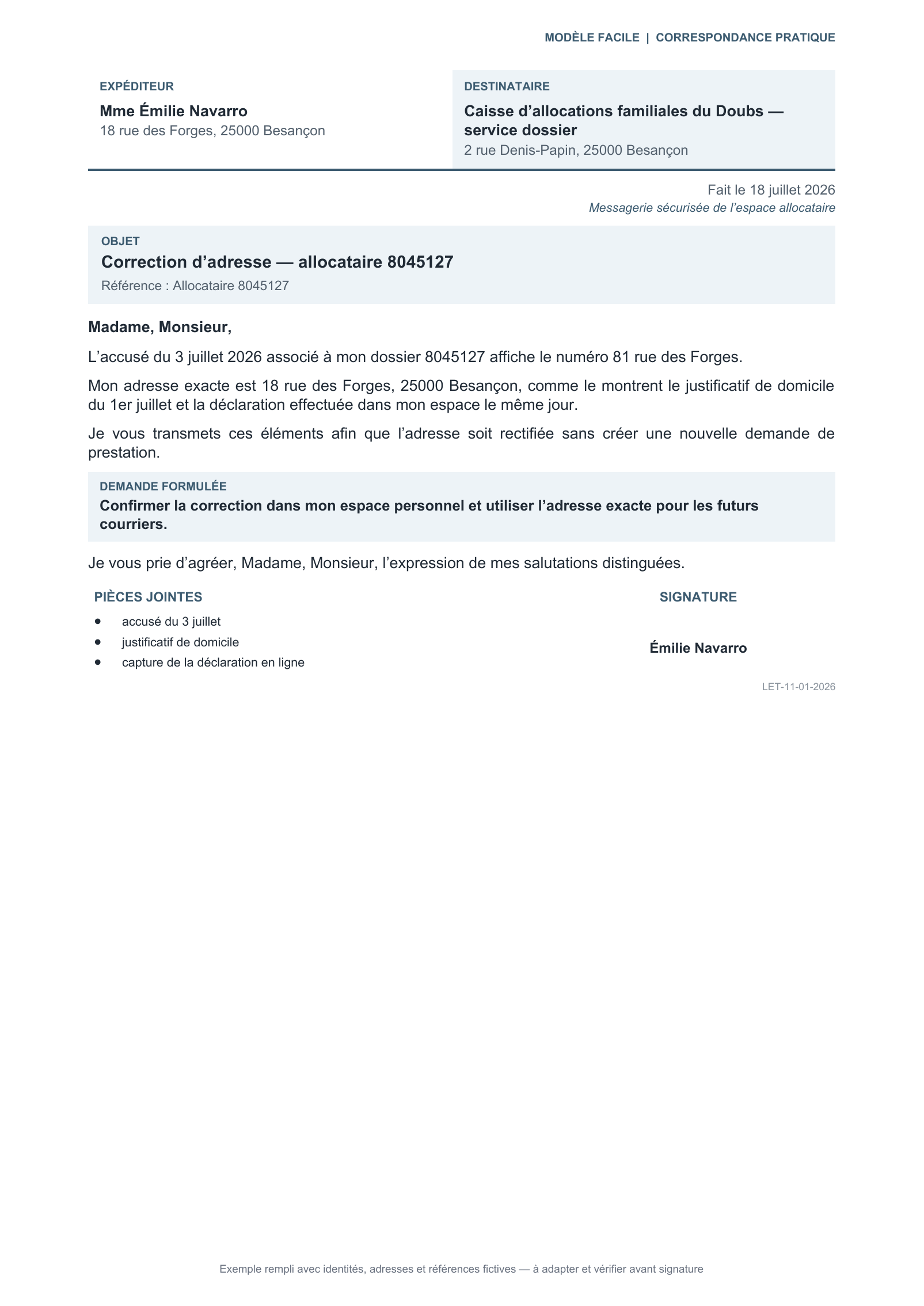 Aperçu — Correction d’une adresse dans un dossier