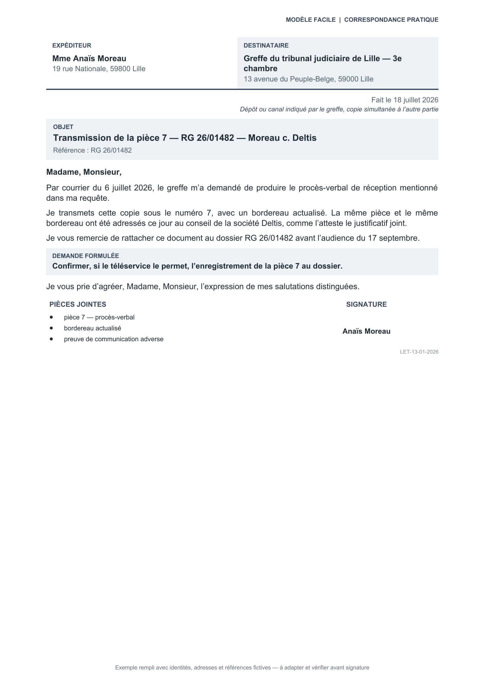 Aperçu — Transmission d’une pièce demandée par le greffe