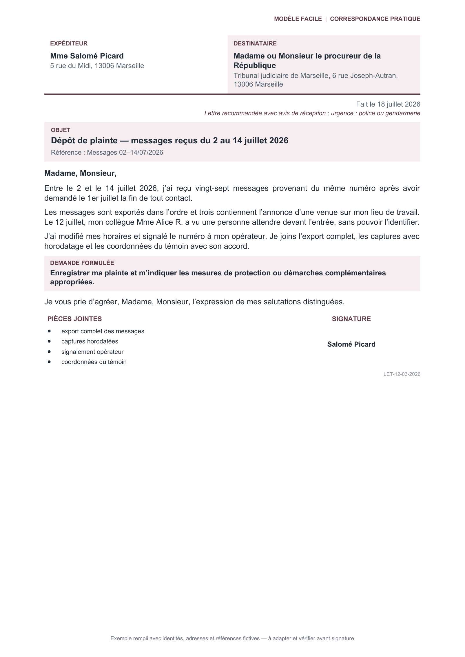 Aperçu — Messages répétés et menaçants