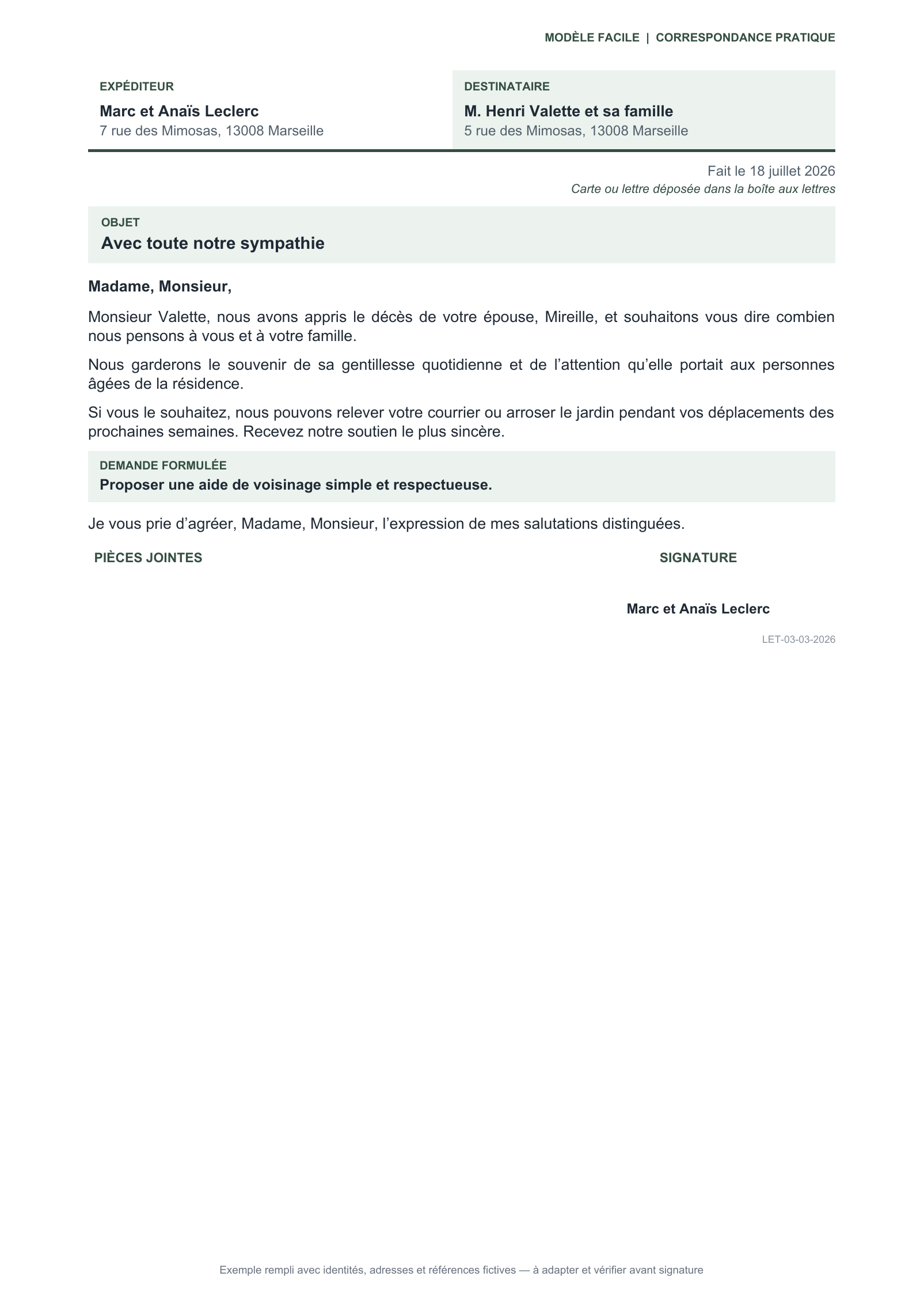 Aperçu — Condoléances à un voisin