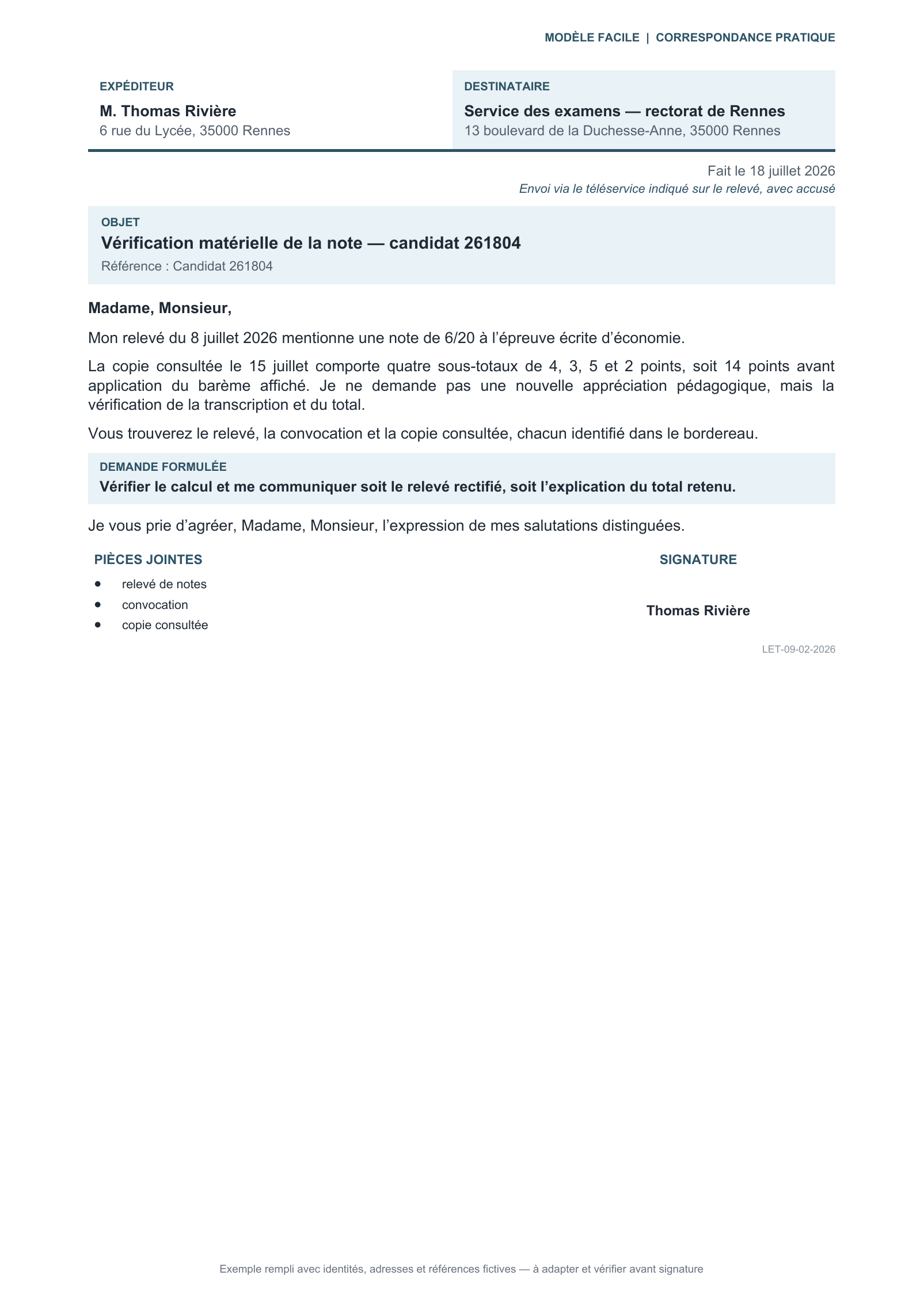 Aperçu — Demande de vérification d’une note