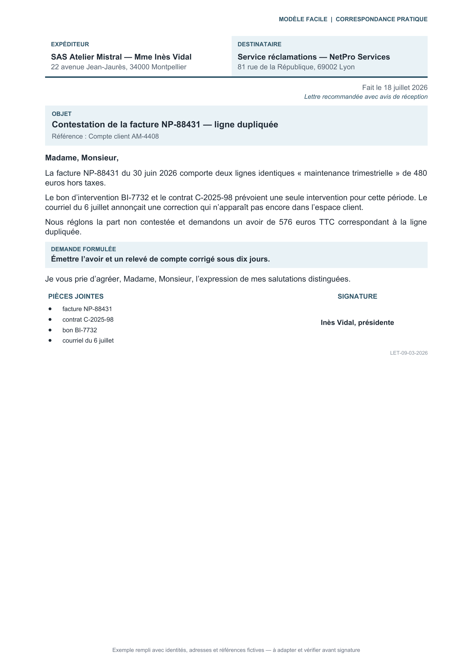 Aperçu — Contestation amiable d’une facture