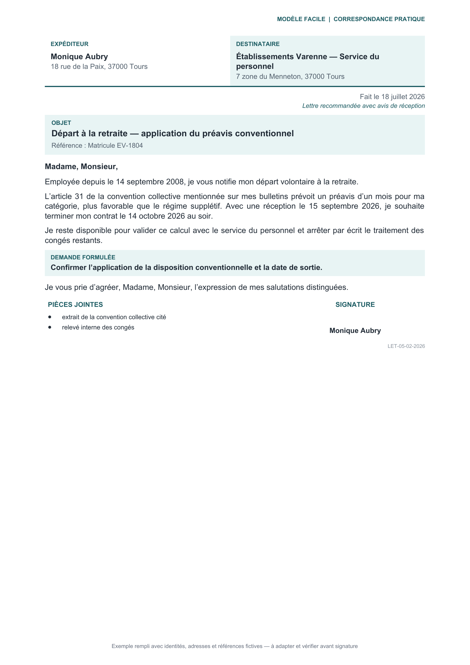 Aperçu — Départ avec disposition conventionnelle