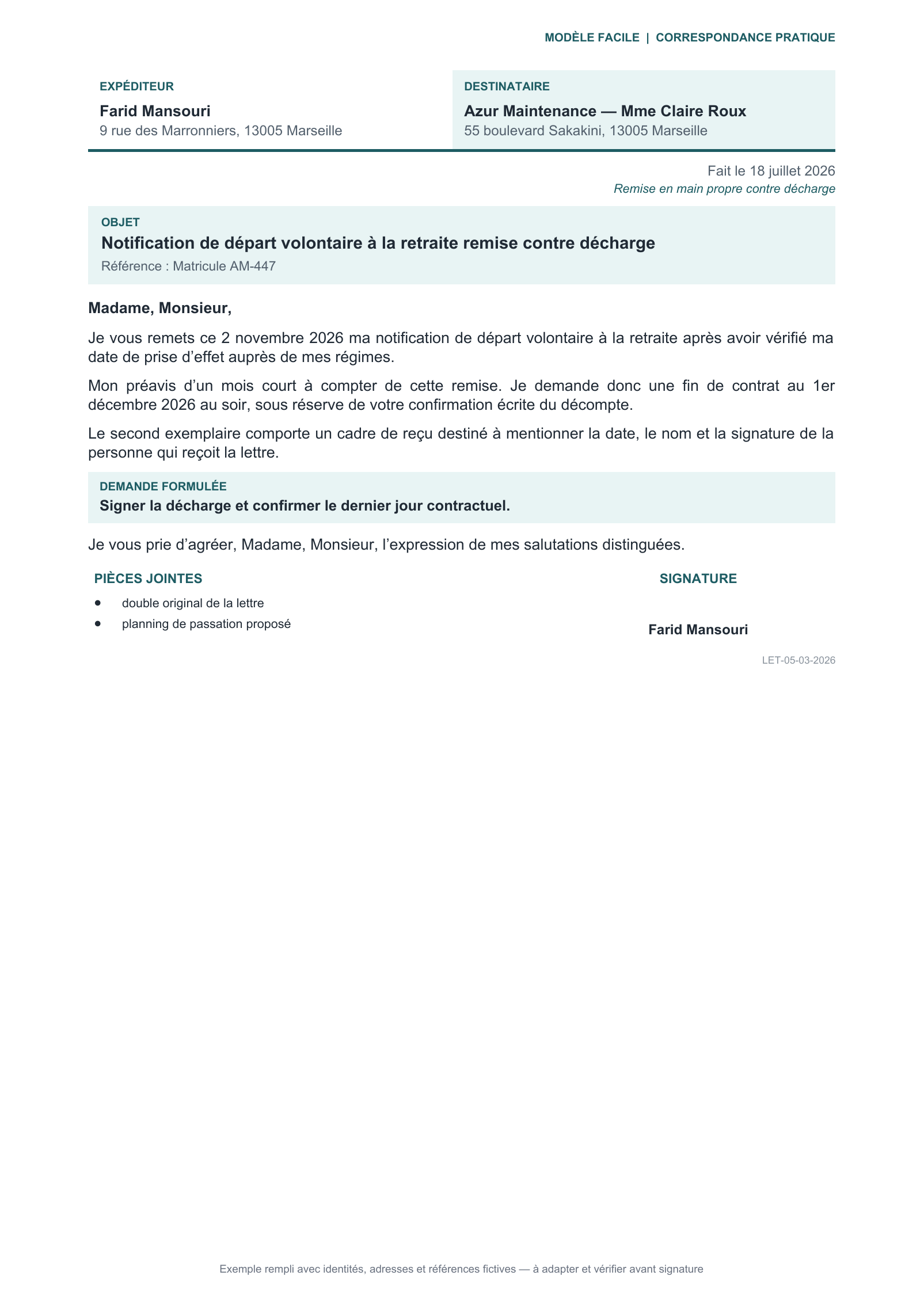 Aperçu — Départ remis contre décharge