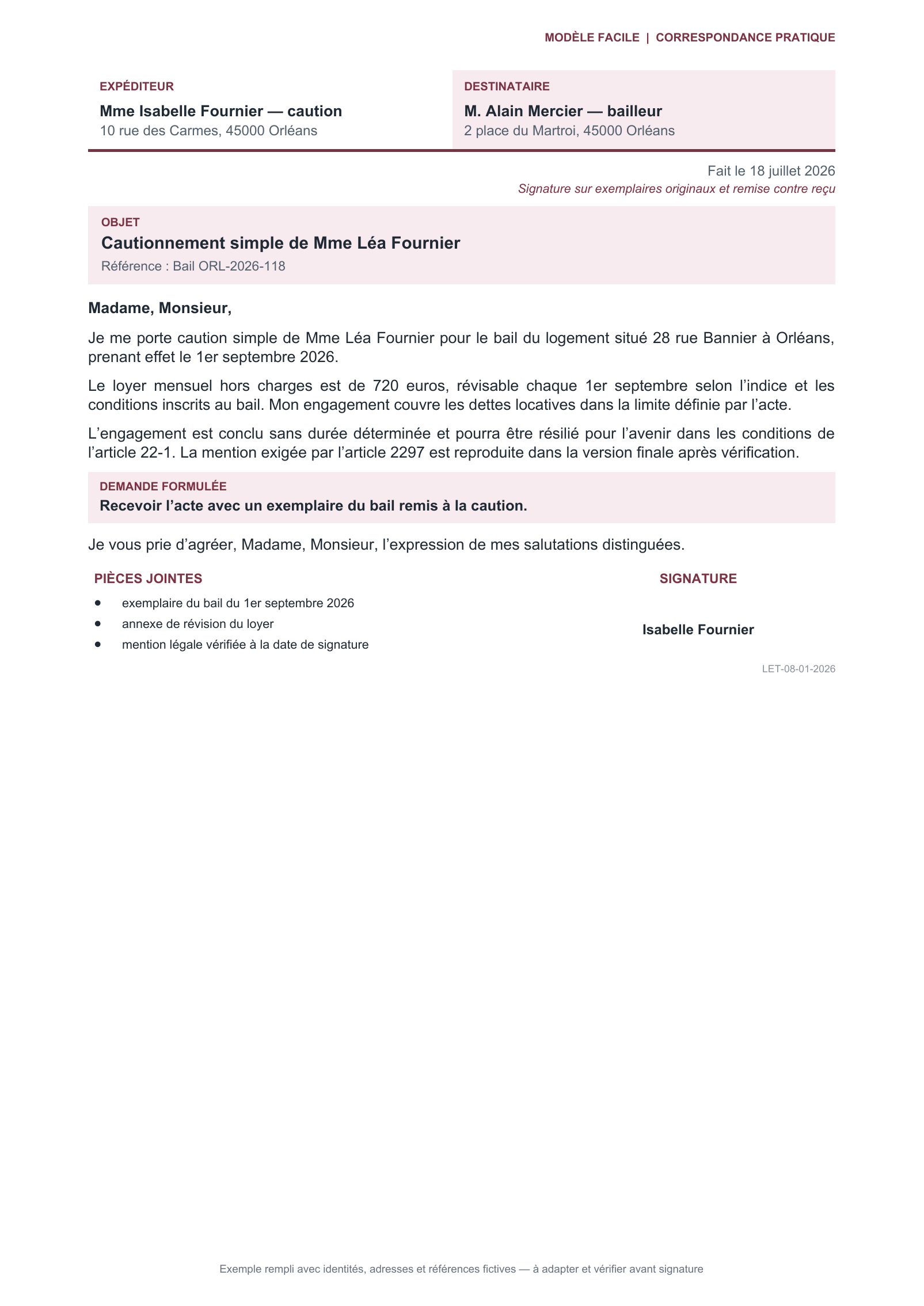 Aperçu — Acte de caution simple à durée indéterminée