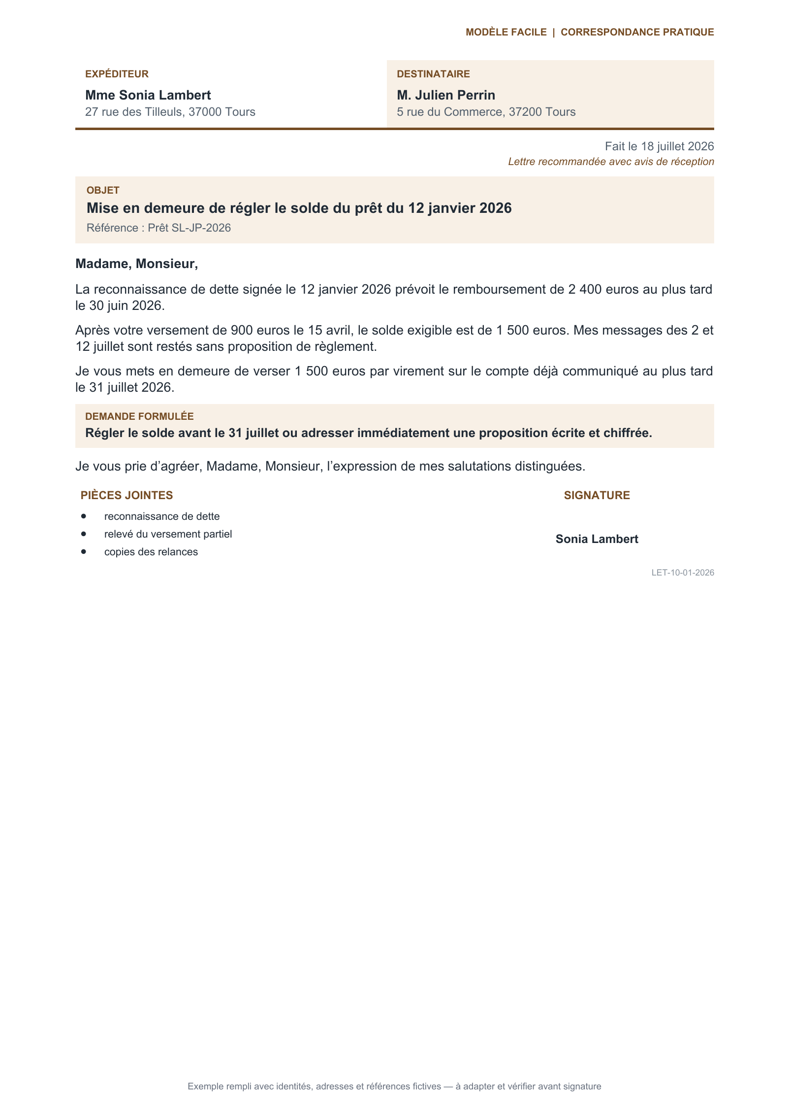 Aperçu — Paiement d’une dette reconnue
