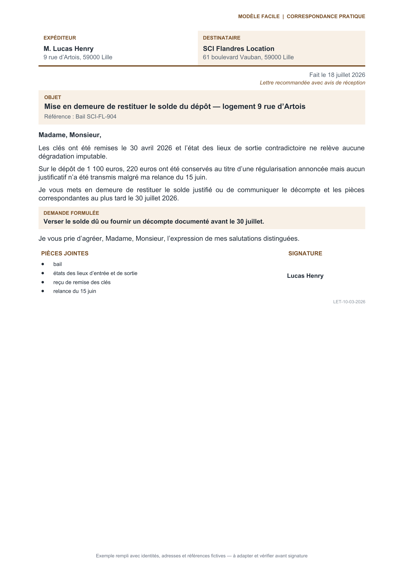 Aperçu — Restitution documentée d’un dépôt