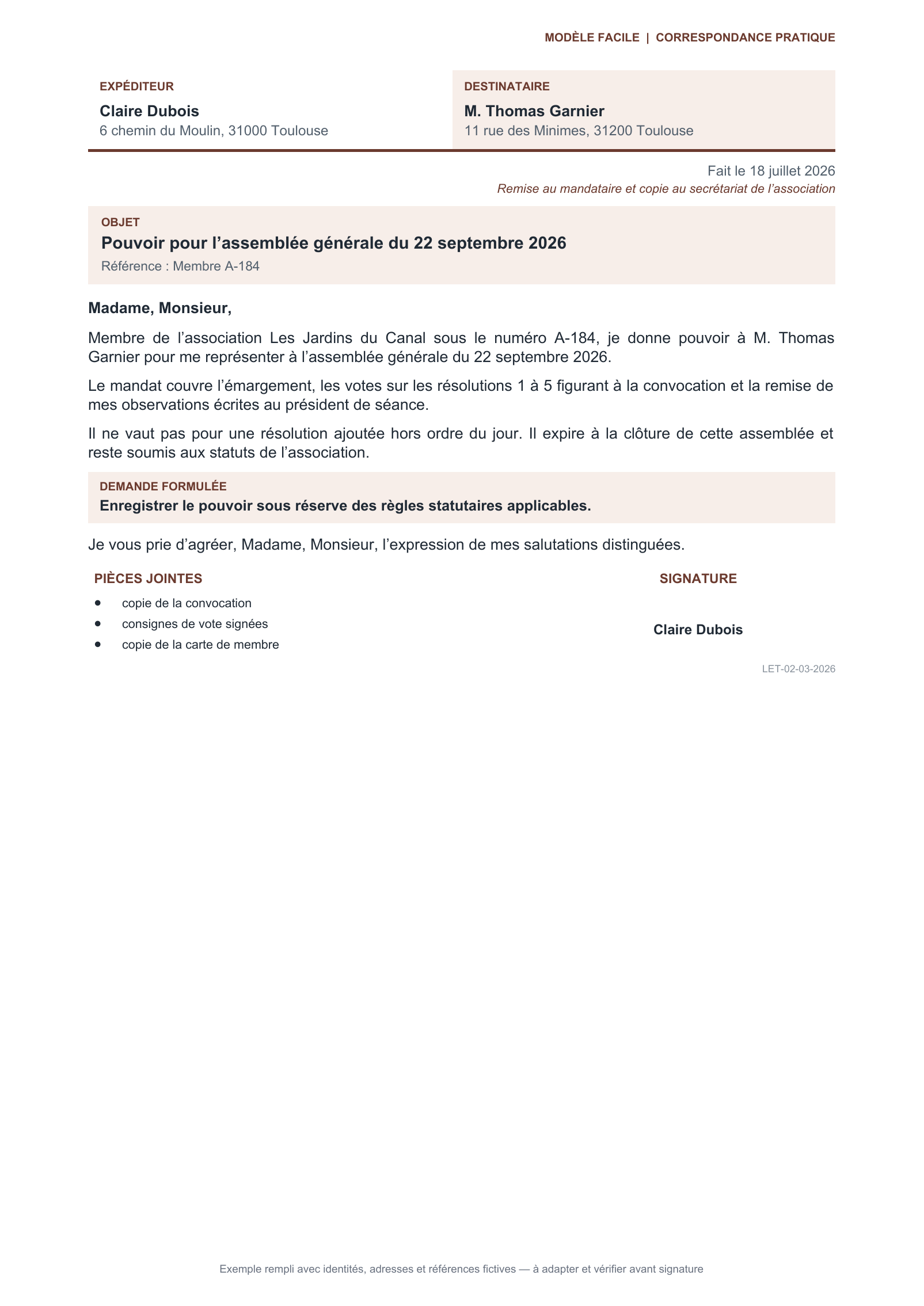 Aperçu — Procuration pour une assemblée d’association