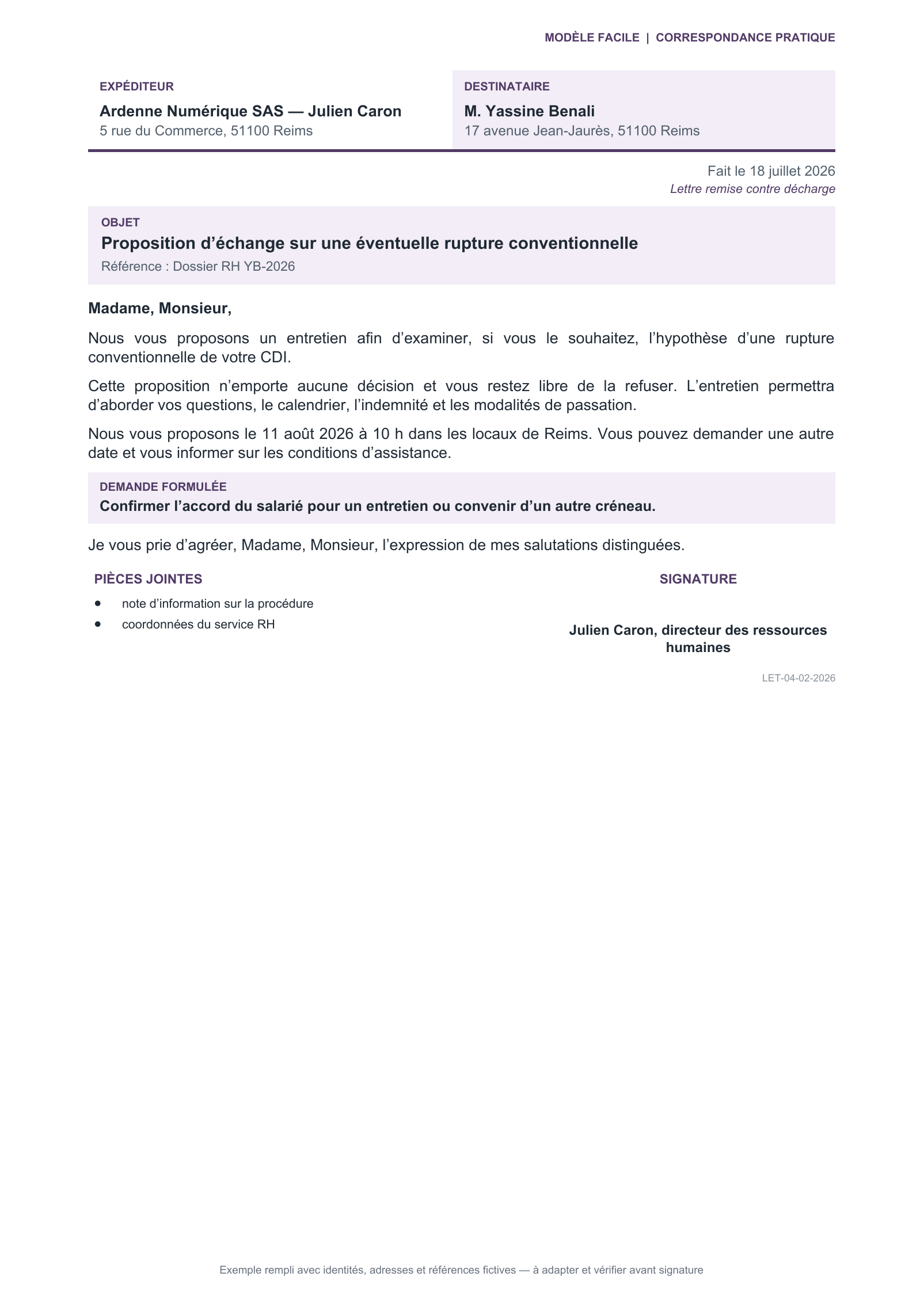 Aperçu — Proposition d’entretien par l’employeur