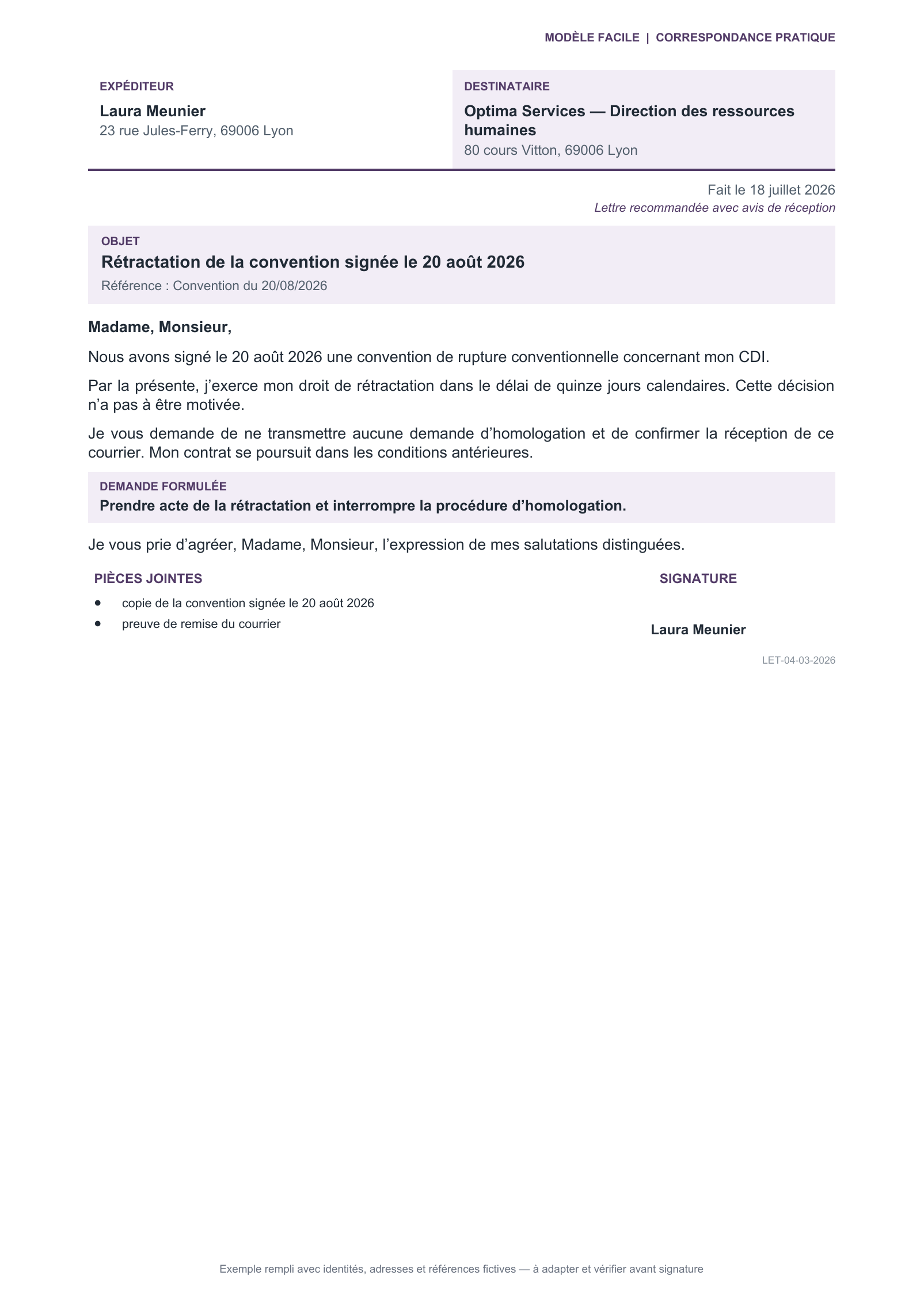 Aperçu — Rétractation après signature