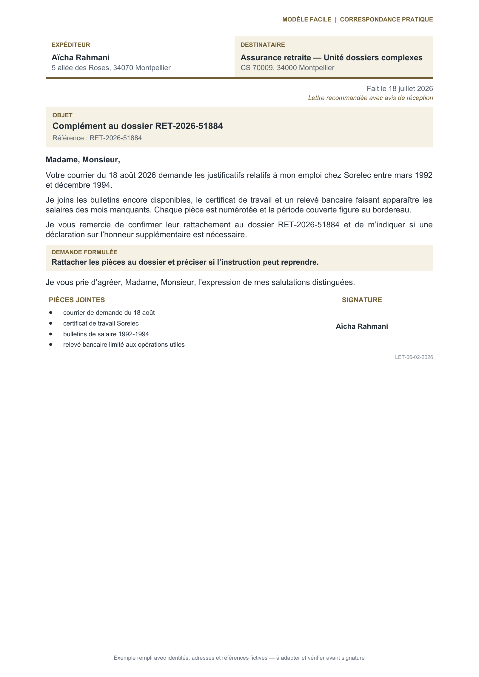 Aperçu — Réponse à une demande de complément