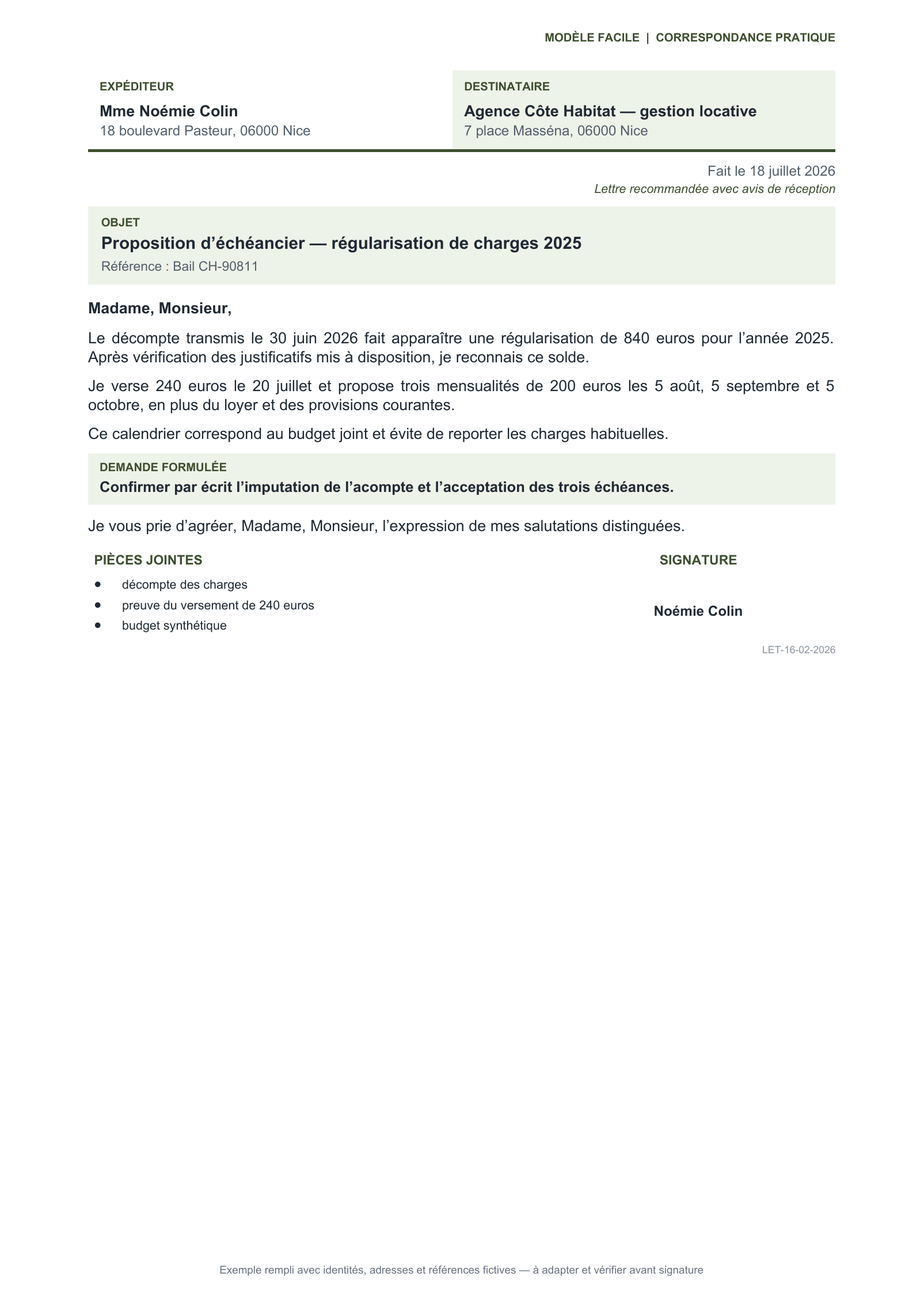 Aperçu — Échelonnement d’un rappel de charges
