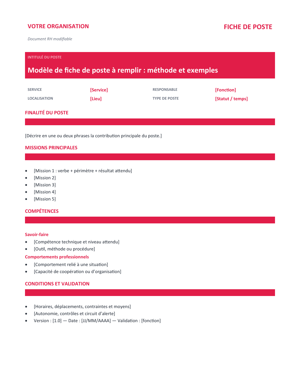 Aperçu — Fiche de poste à remplir : méthode et exemples — version Classique