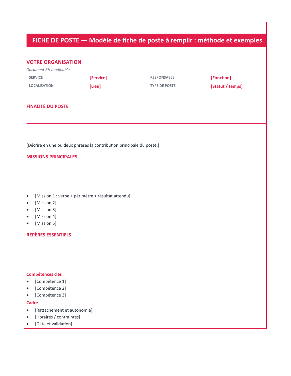 Aperçu — Fiche de poste à remplir : méthode et exemples — version Compacte