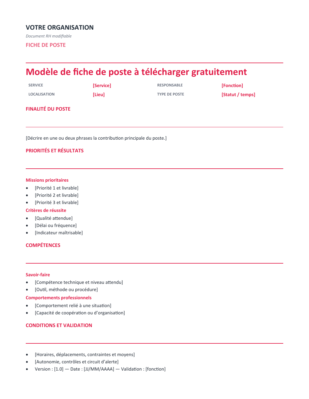 Aperçu — Fiche de poste à télécharger gratuitement — version Opérationnelle