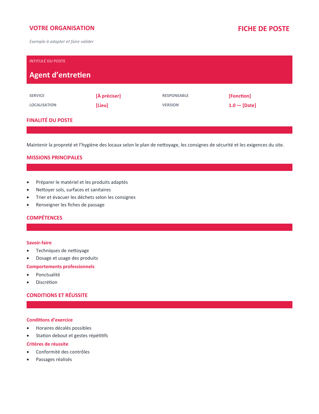 Aperçu — Fiche de poste Agent d’entretien — version Classique