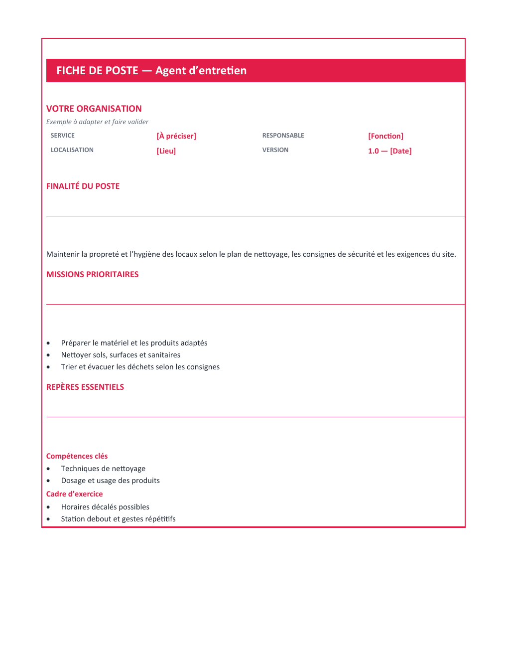 Aperçu — Fiche de poste Agent d’entretien — version Compacte