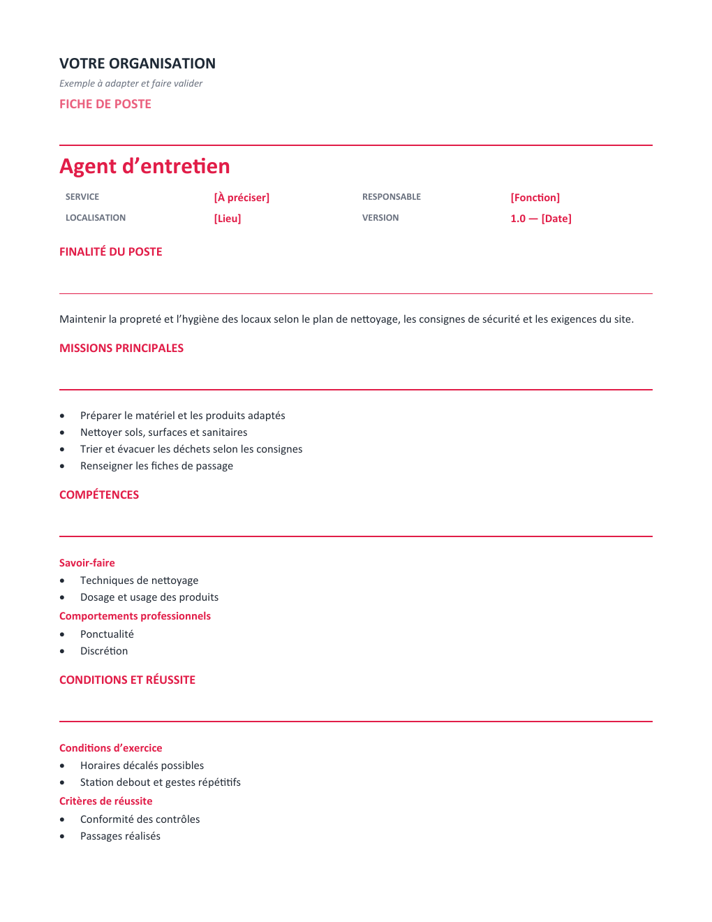 Aperçu — Fiche de poste Agent d’entretien — version Opérationnelle