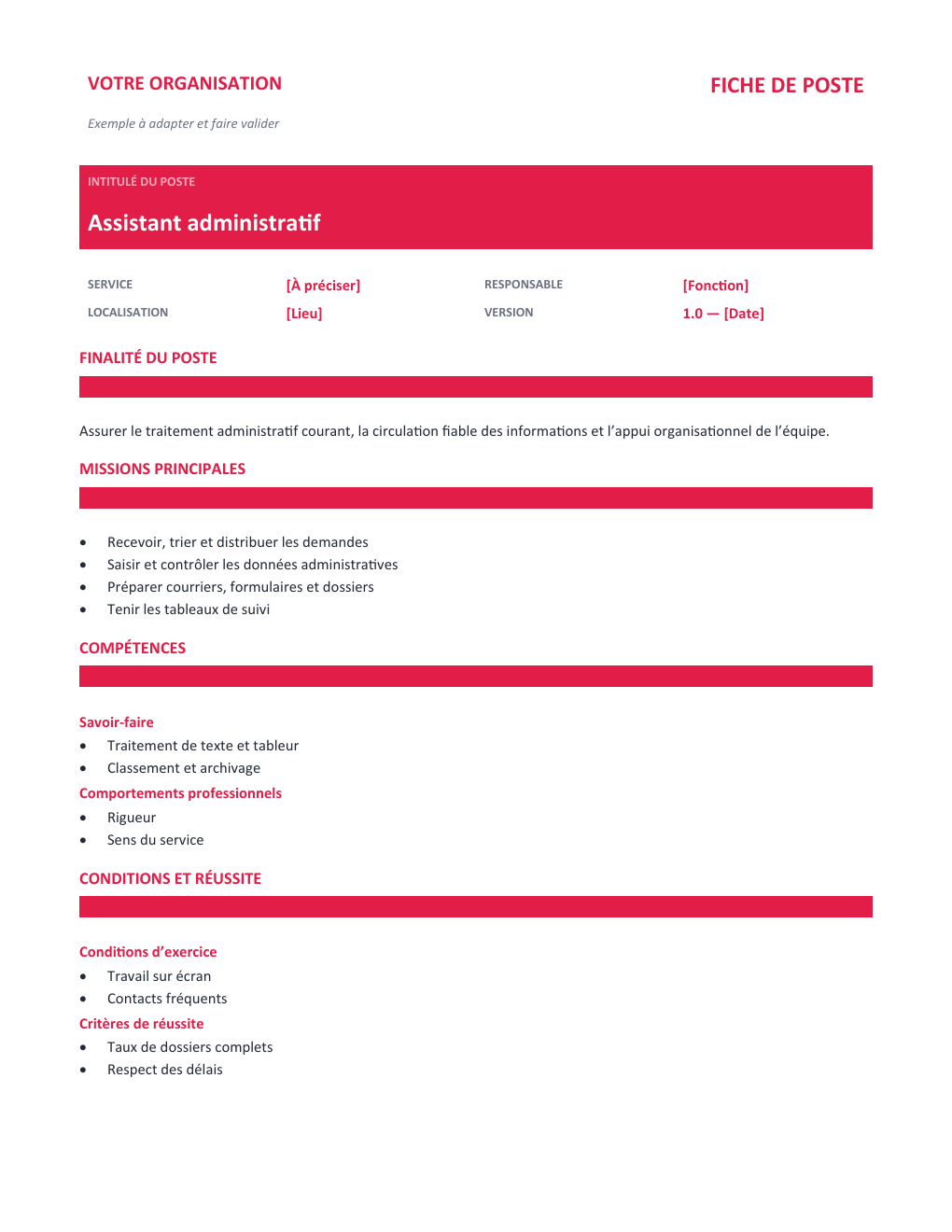 Aperçu — Fiche de poste Assistant administratif — version Classique