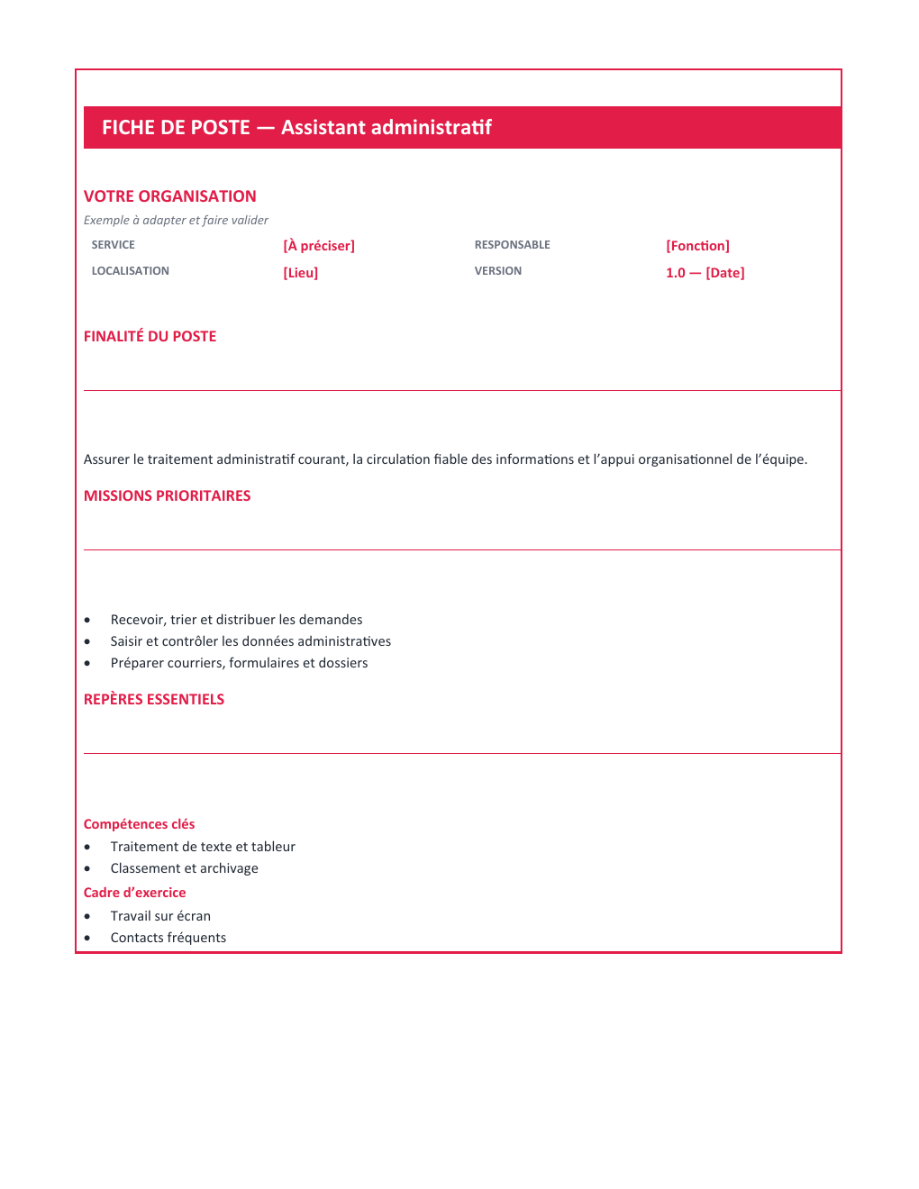 Aperçu — Fiche de poste Assistant administratif — version Compacte