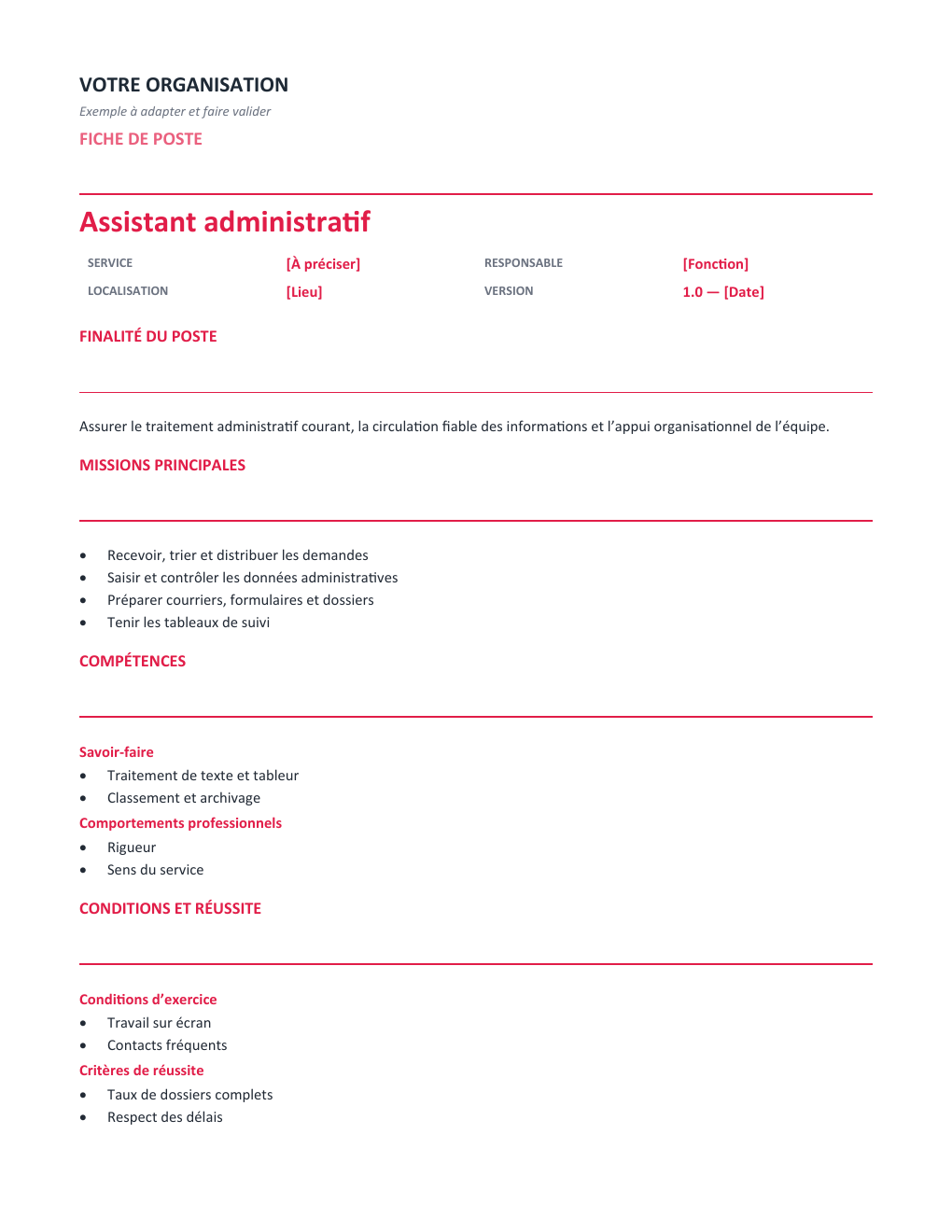 Aperçu — Fiche de poste Assistant administratif — version Opérationnelle
