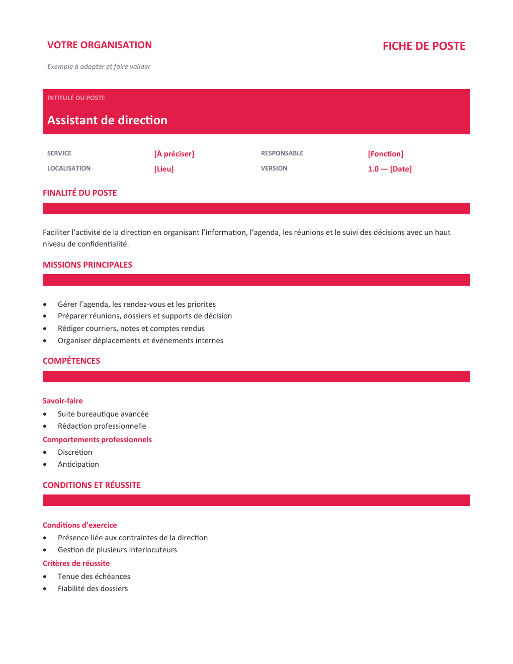 Aperçu — Fiche de poste Assistant de direction — version Classique