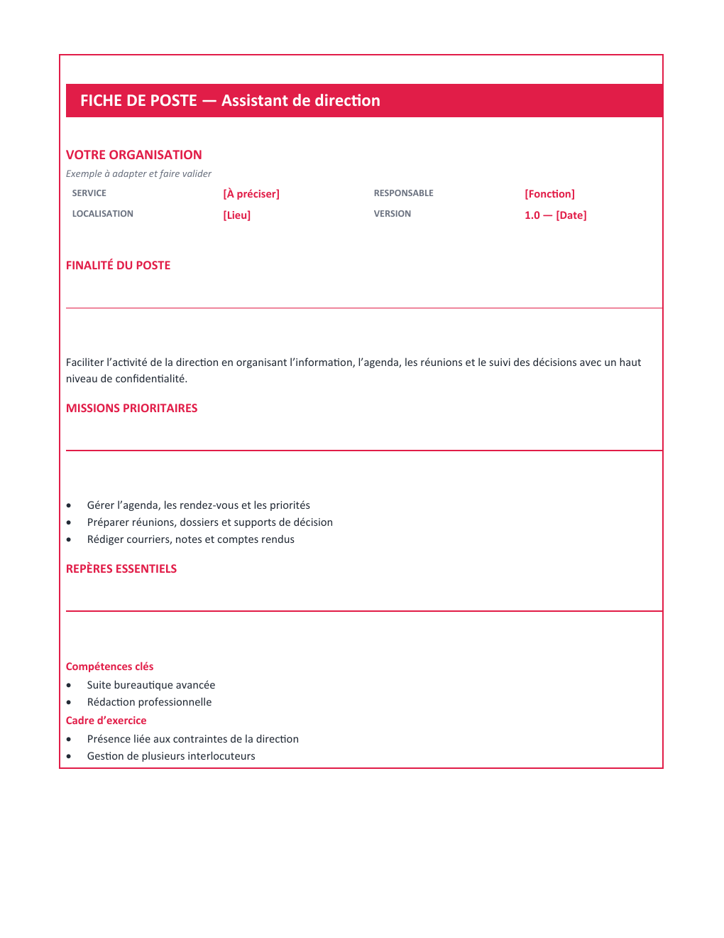 Aperçu — Fiche de poste Assistant de direction — version Compacte
