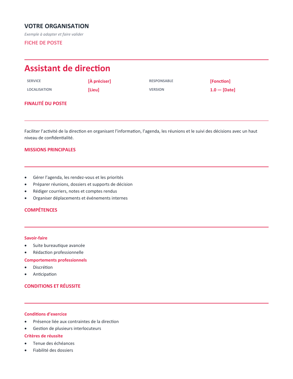 Aperçu — Fiche de poste Assistant de direction — version Opérationnelle
