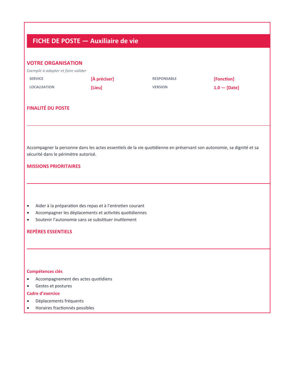 Aperçu — Fiche de poste Auxiliaire de vie — version Compacte