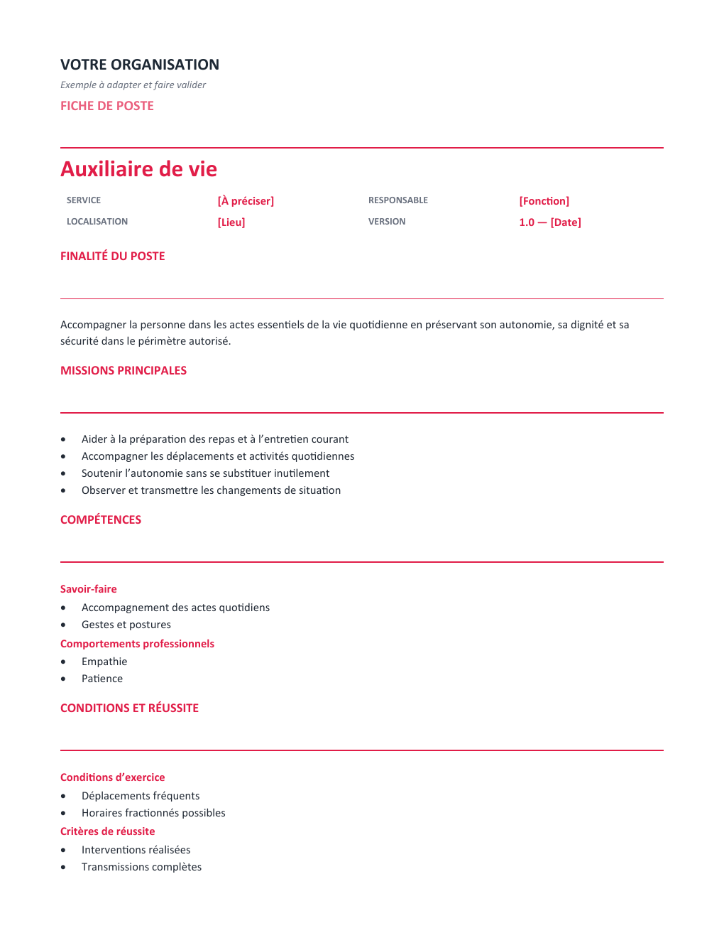 Aperçu — Fiche de poste Auxiliaire de vie — version Opérationnelle