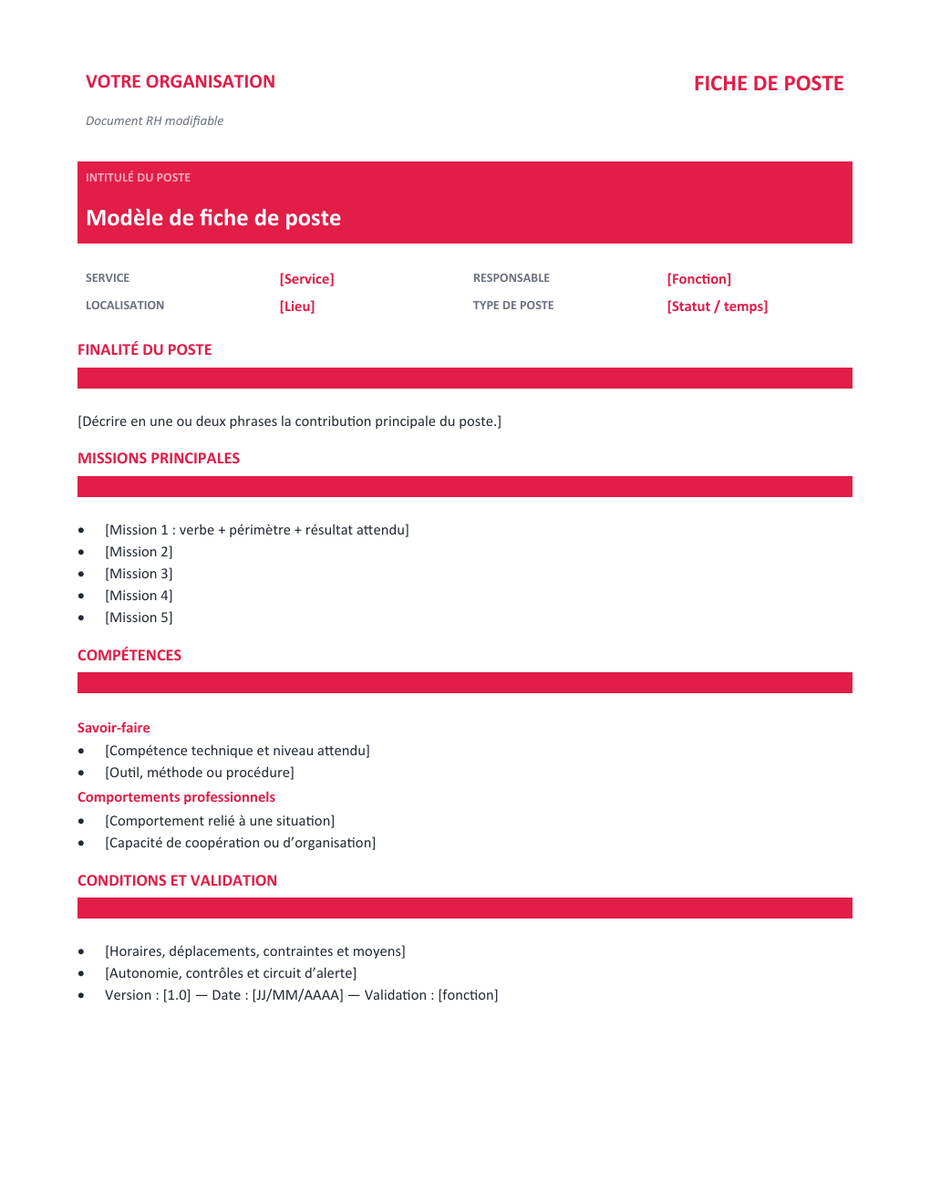 Aperçu — Fiche de poste gratuit : Word, Excel et exemples — version Classique