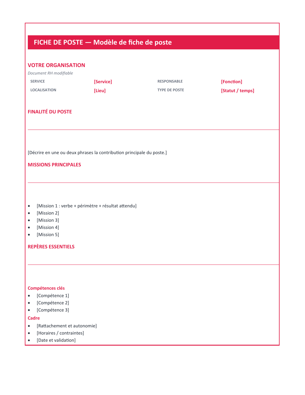 Aperçu — Fiche de poste gratuit : Word, Excel et exemples — version Compacte