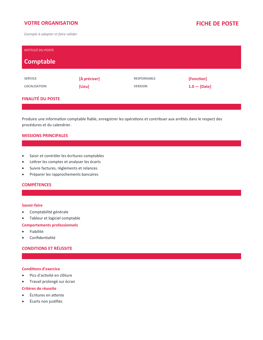 Aperçu — Fiche de poste Comptable — version Classique