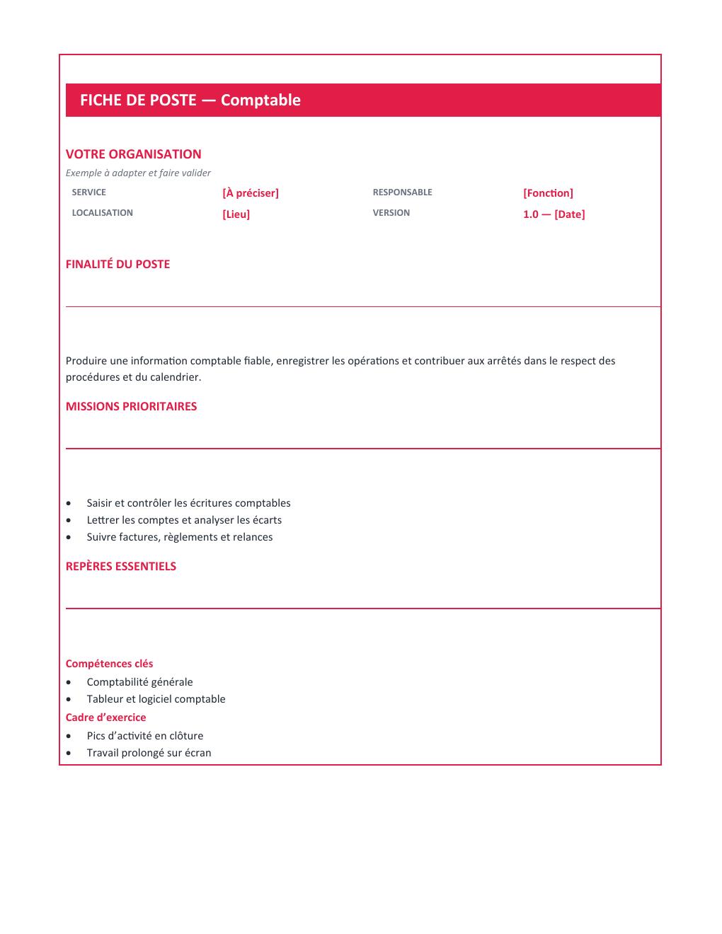 Aperçu — Fiche de poste Comptable — version Compacte